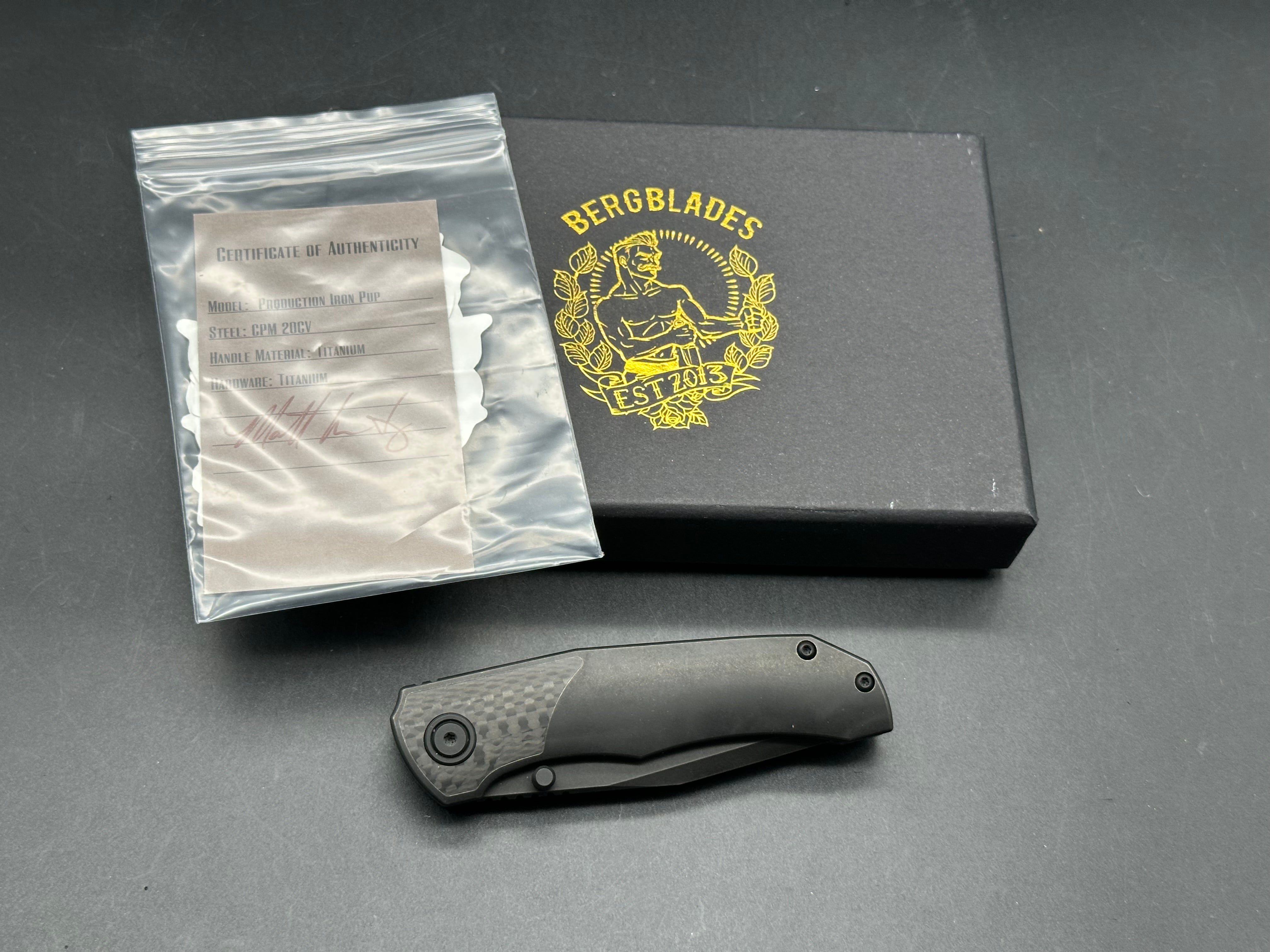 Berg Blades Iron Pup, Tumbled Black DLC CPM-20CV Blade, Tumbled Black Titanium DLC Handles