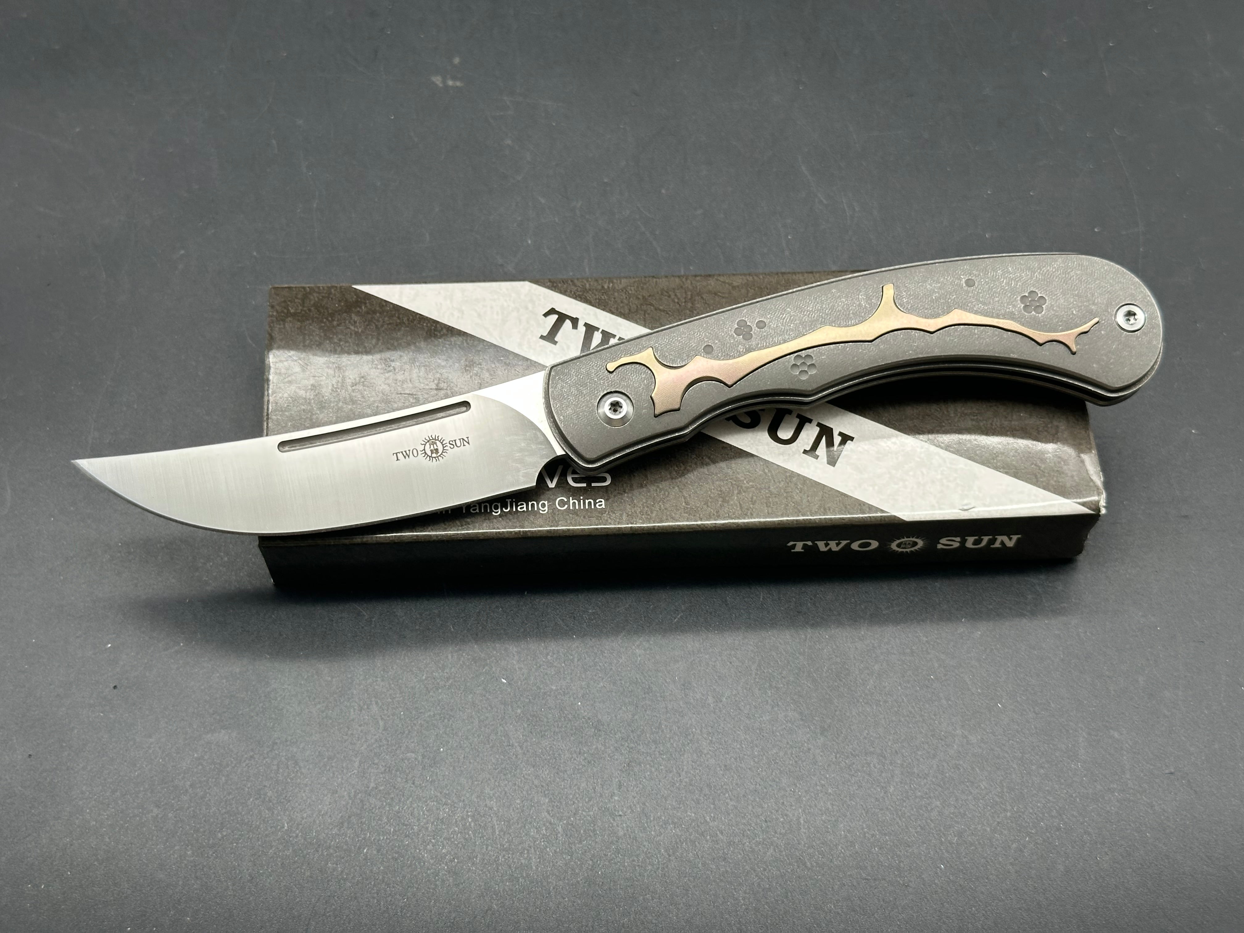 TwoSun TS315  Wong design, slip joint, grey and gold titanium scales, M390 blade
