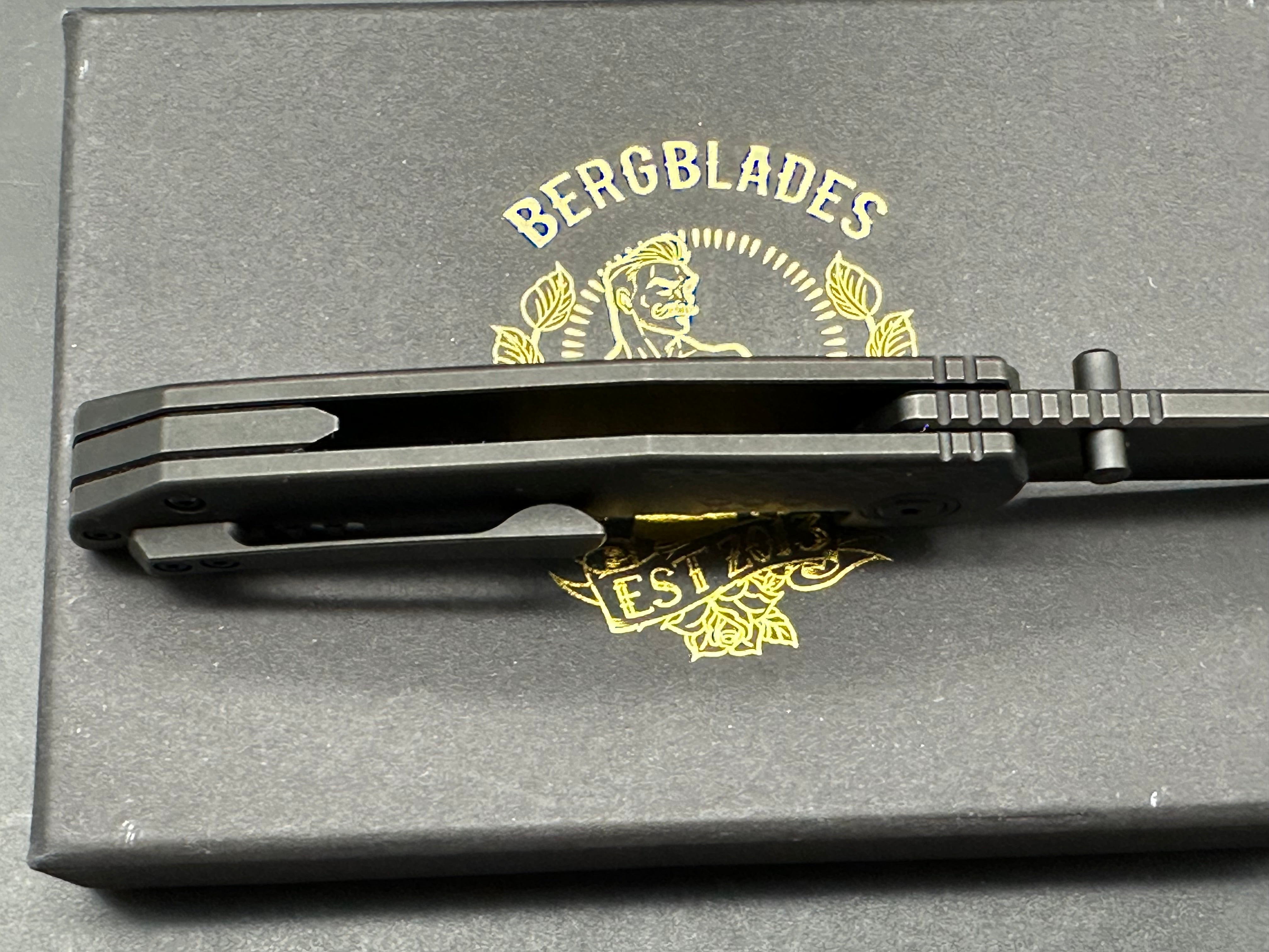 Berg Blades Iron Pup, Tumbled Black DLC CPM-20CV Blade, Tumbled Black Titanium DLC Handles