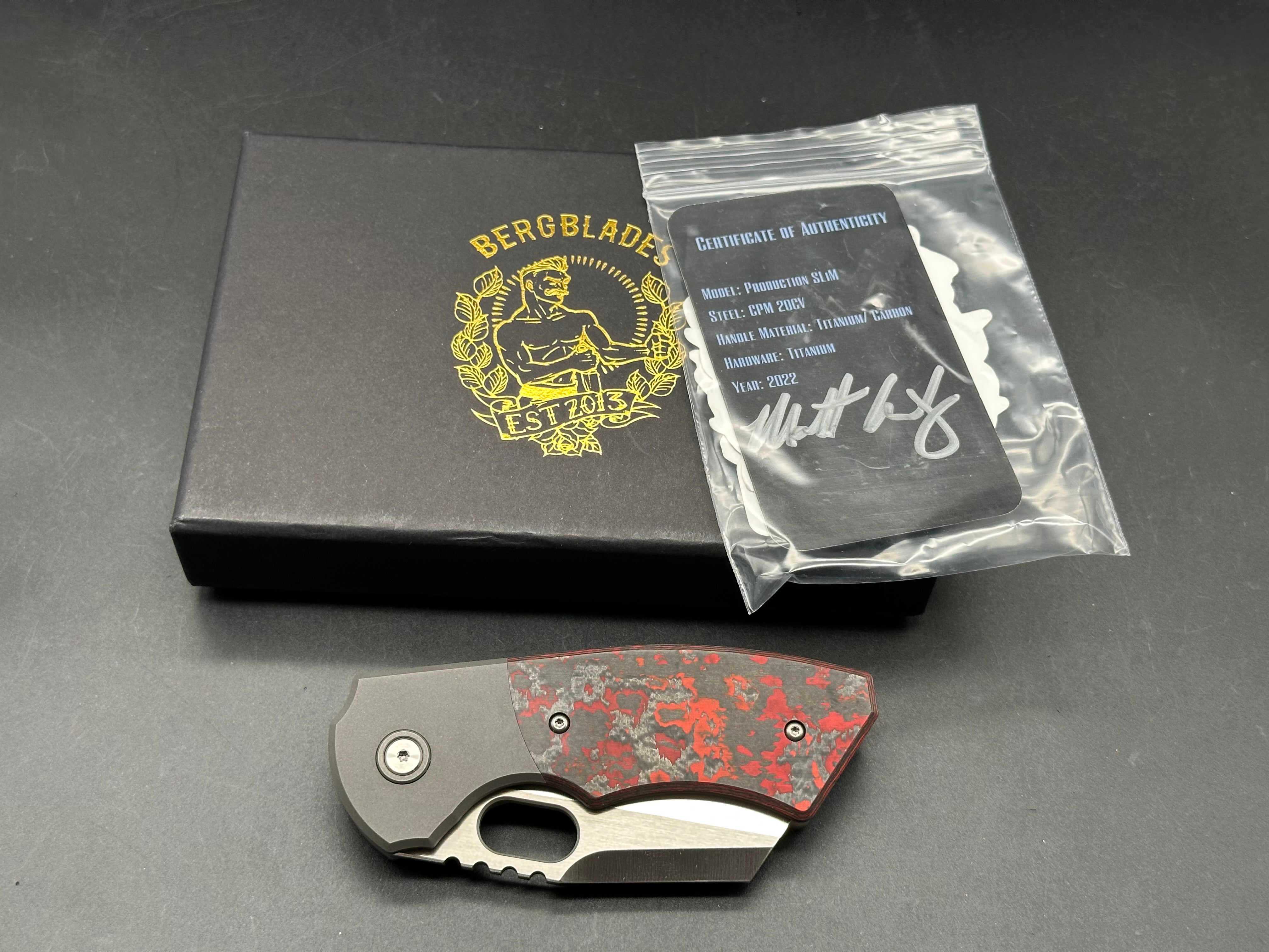 Berg Blades Slim #17/40, Belt Satin CPM-20CV Blade, Dark Blasted Handles with Mars Valley Fat Carbon