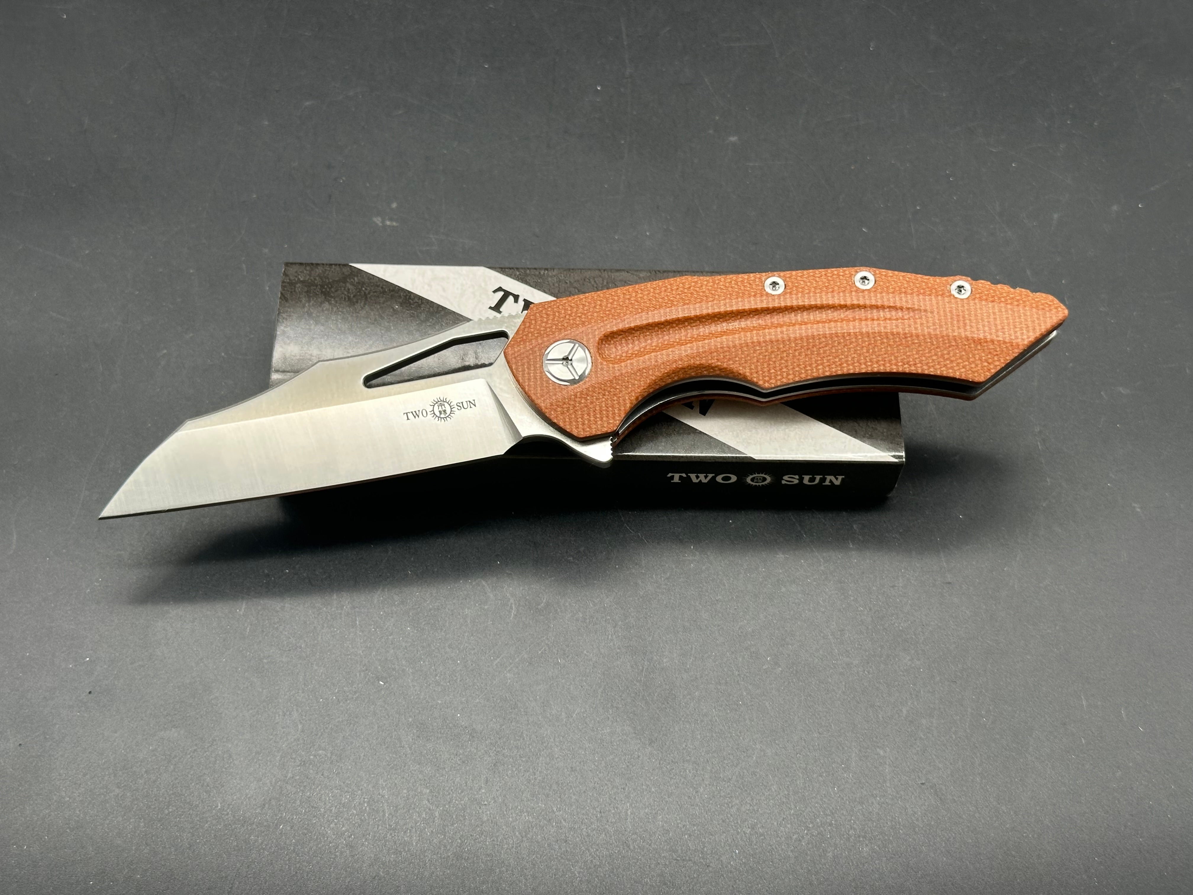 TwoSun TS132 Y-Start design, liner lock, micarta scales, D2 blade