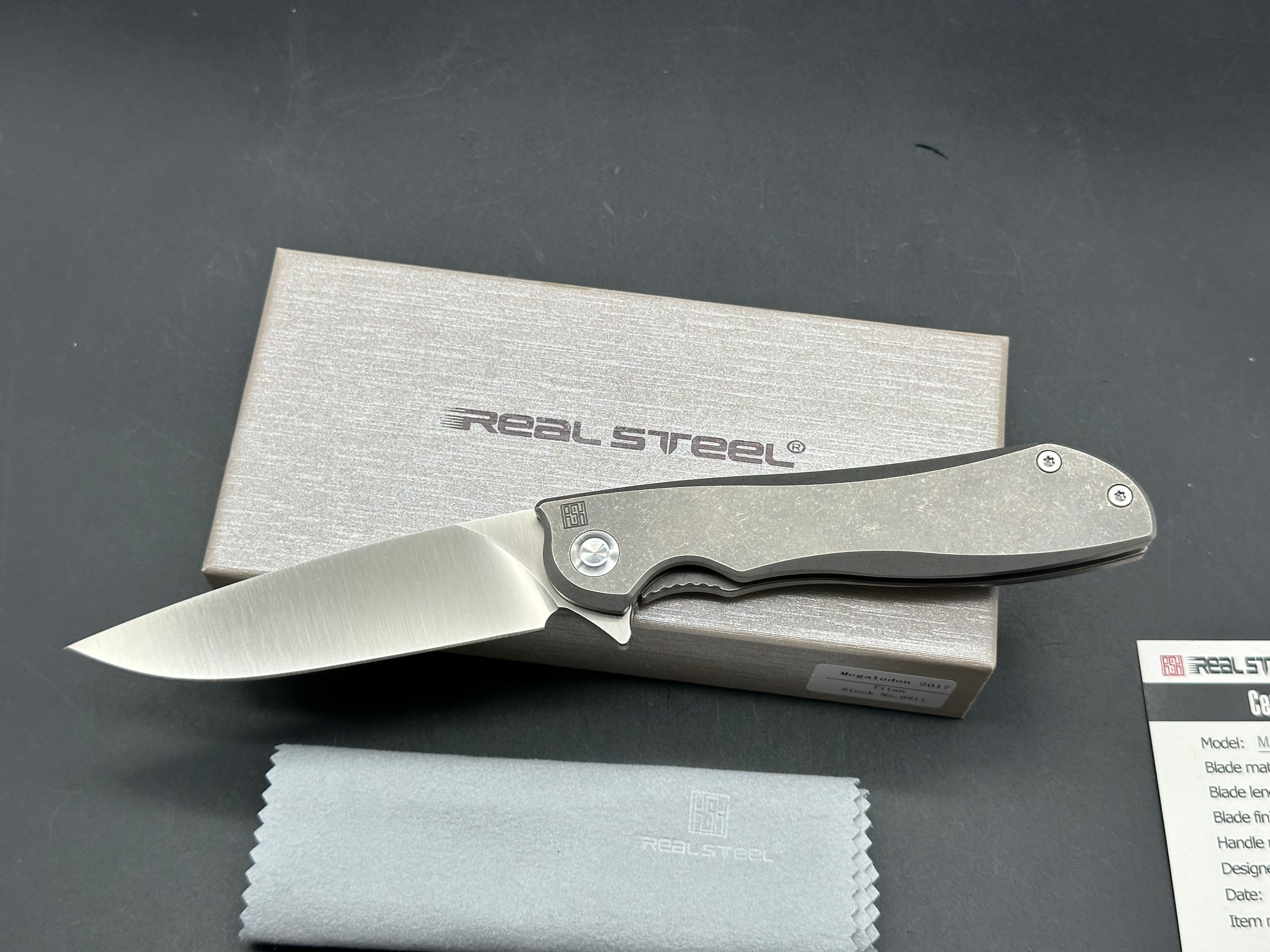 Real Steel Megalodon 2017 #1196, Satin M390 Blade, Stonewashed Titanium Handles and Pocket Clip