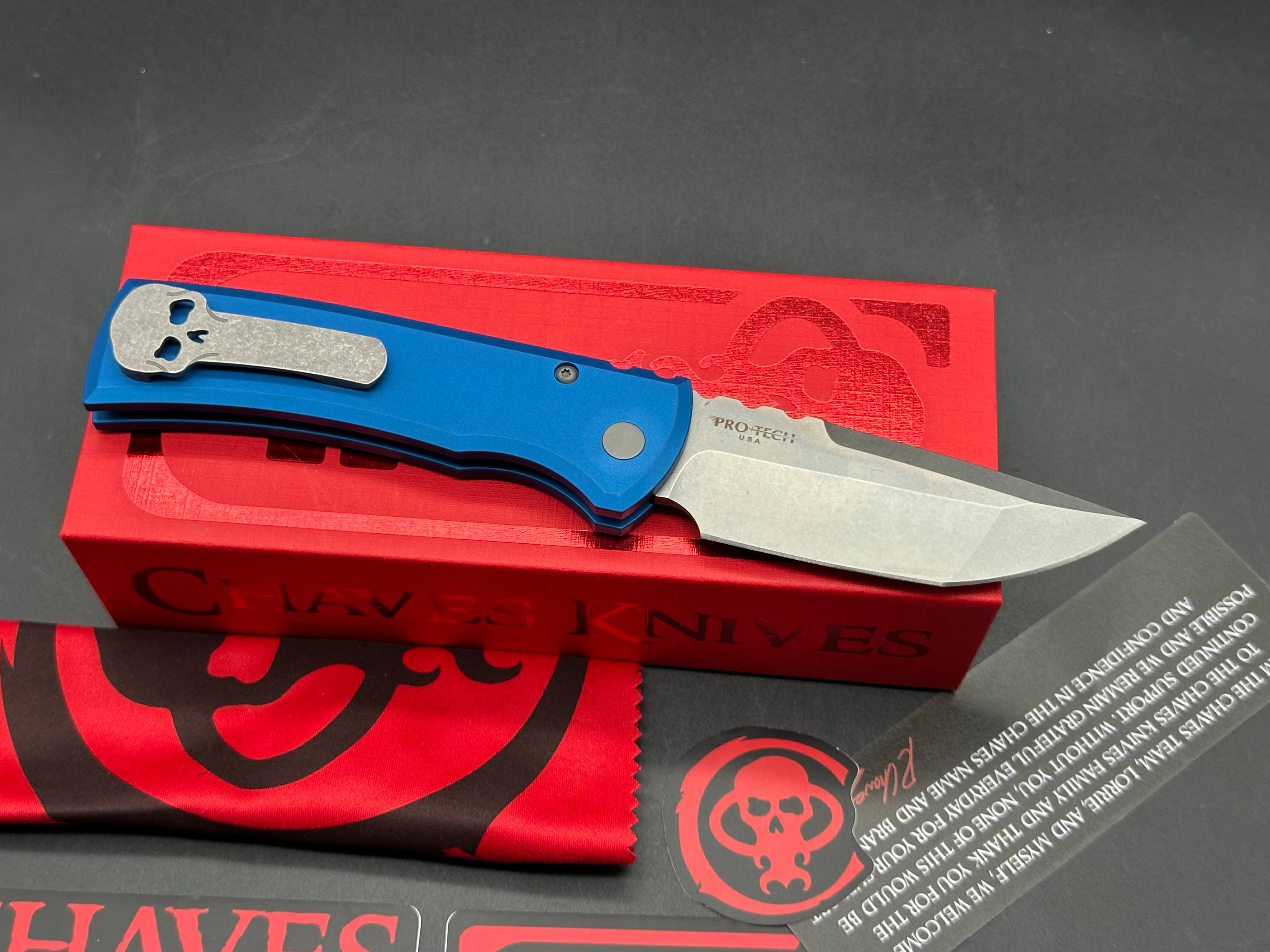 CHAVES KNIVES PRO-TECH AUTOMATIC REDENCION 229 FOLDING KNIFE BLUE ALUMINUM HANDLE S35VN TANTO BLADE
