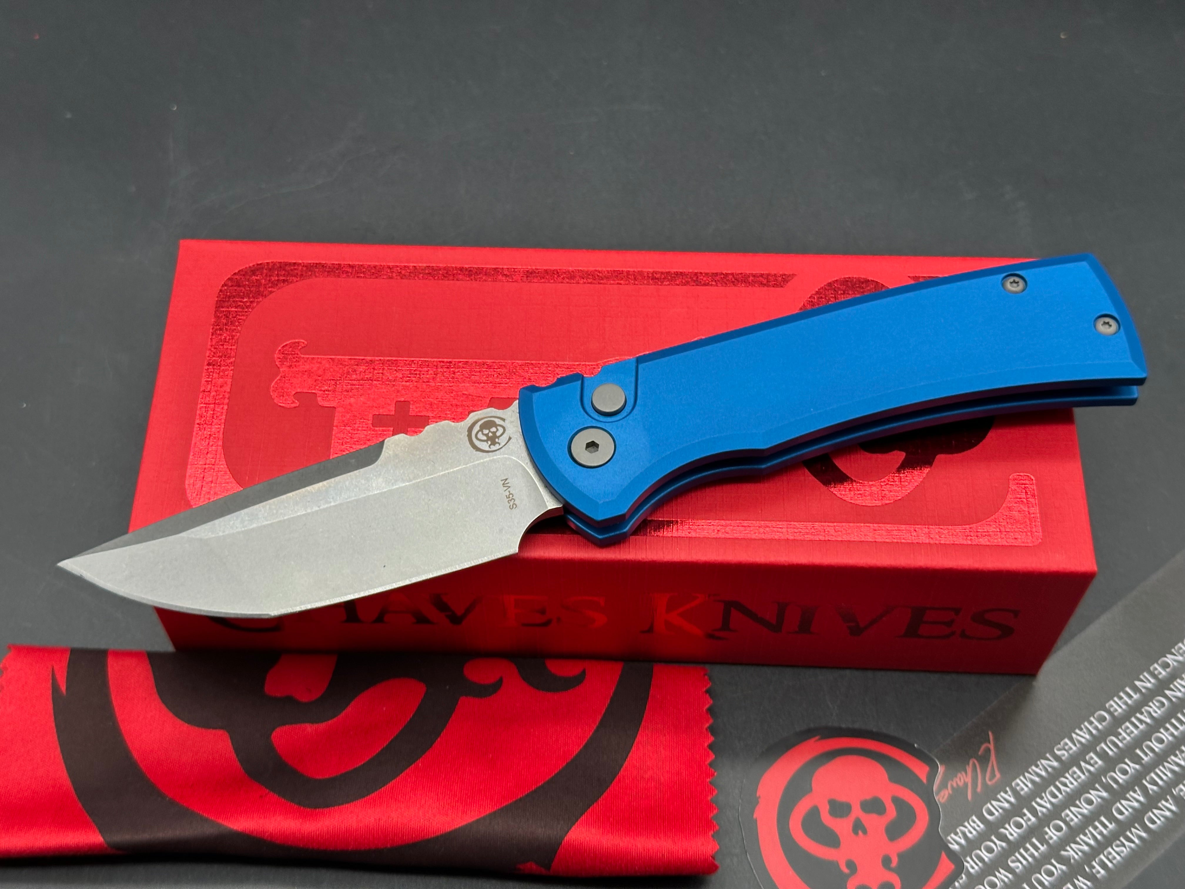 CHAVES KNIVES PRO-TECH AUTOMATIC REDENCION 229 FOLDING KNIFE BLUE ALUMINUM HANDLE S35VN TANTO BLADE
