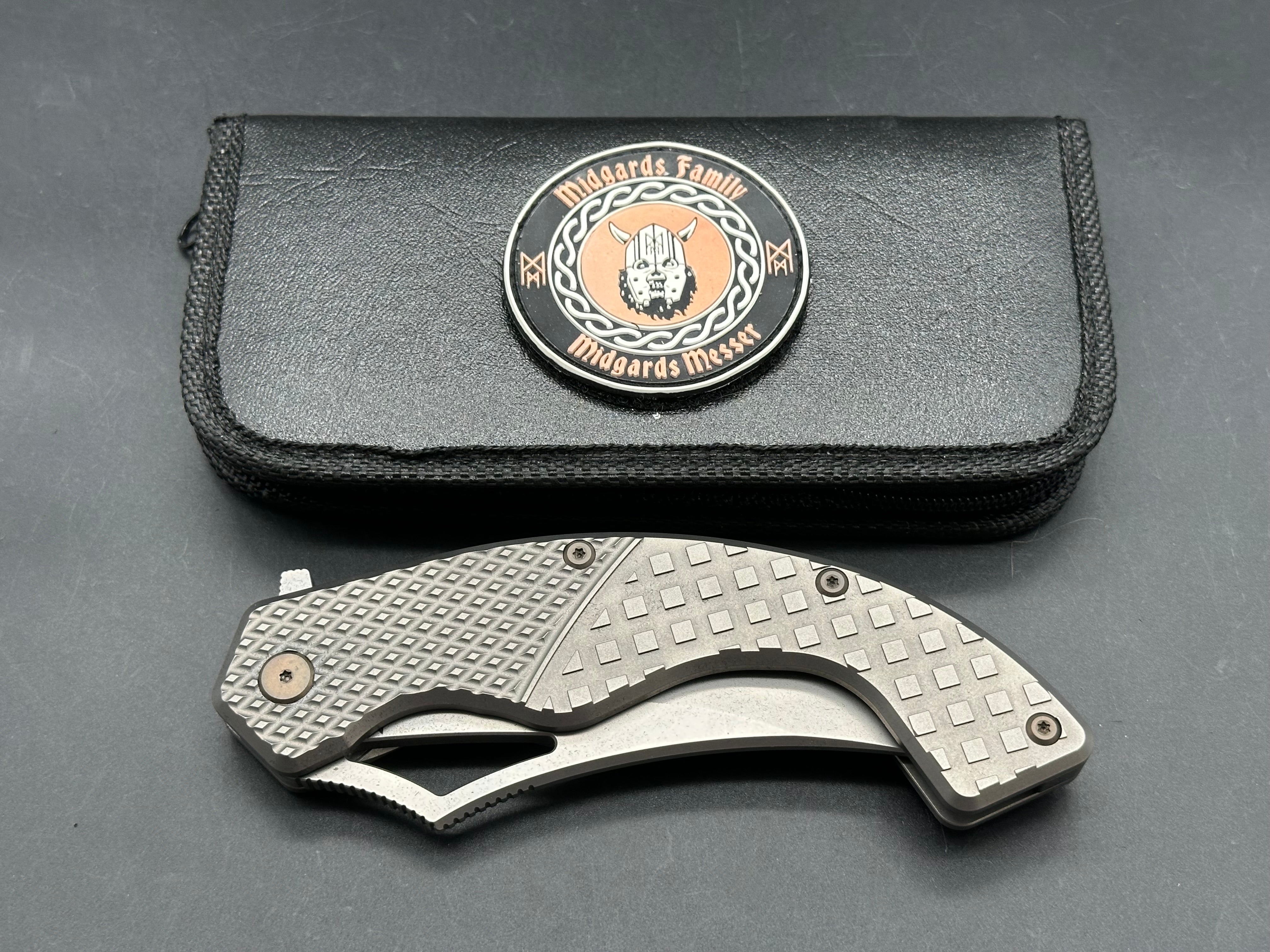 Midgards Messer - Berserker/Grey Textured Milled Ti Frame + Custom Backspacer, Hardware & Clip/Upswept/Stonewash CPM-D2