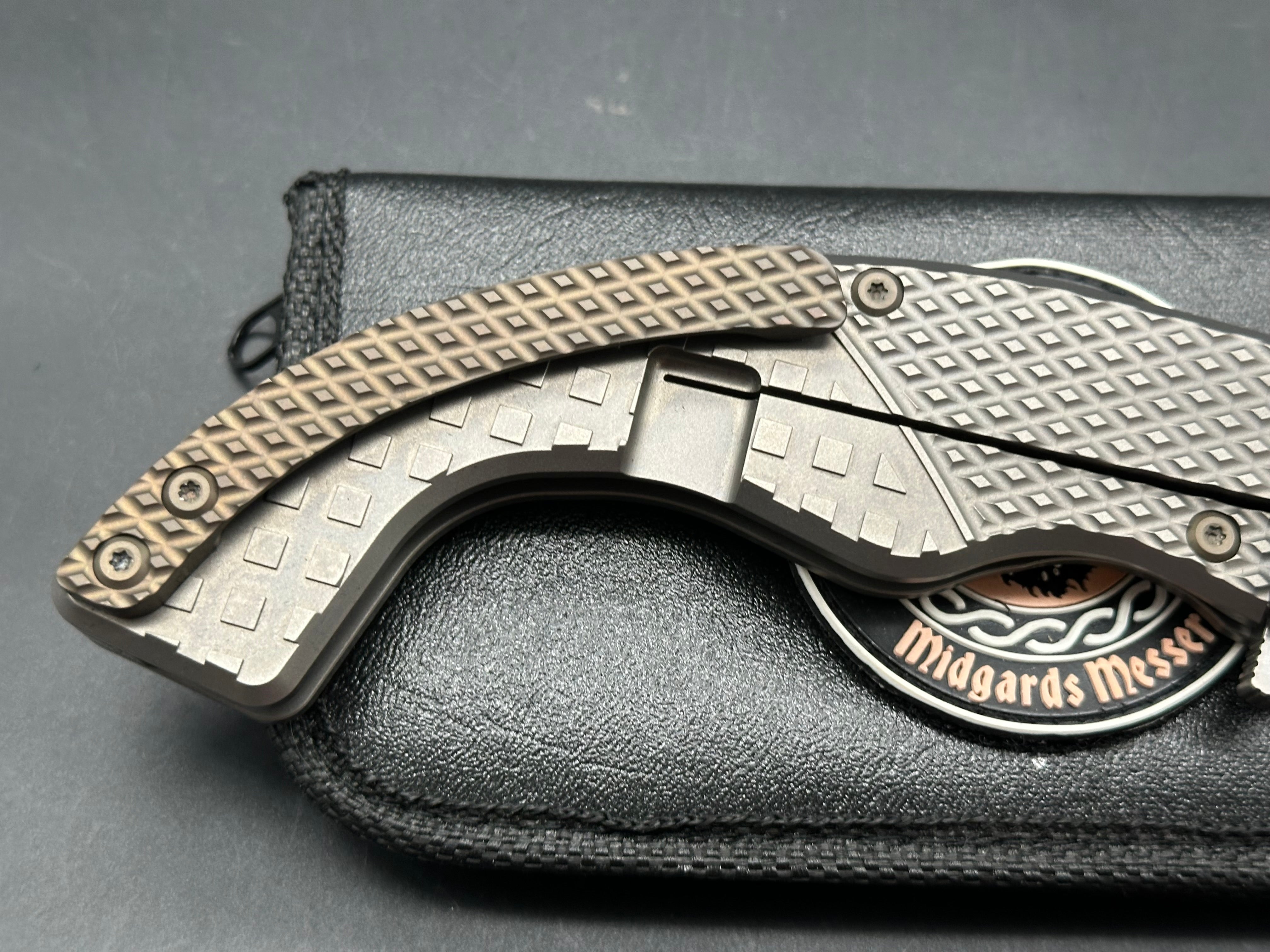 Midgards Messer - Berserker/Grey Textured Milled Ti Frame + Custom Backspacer, Hardware & Clip/Upswept/Stonewash CPM-D2