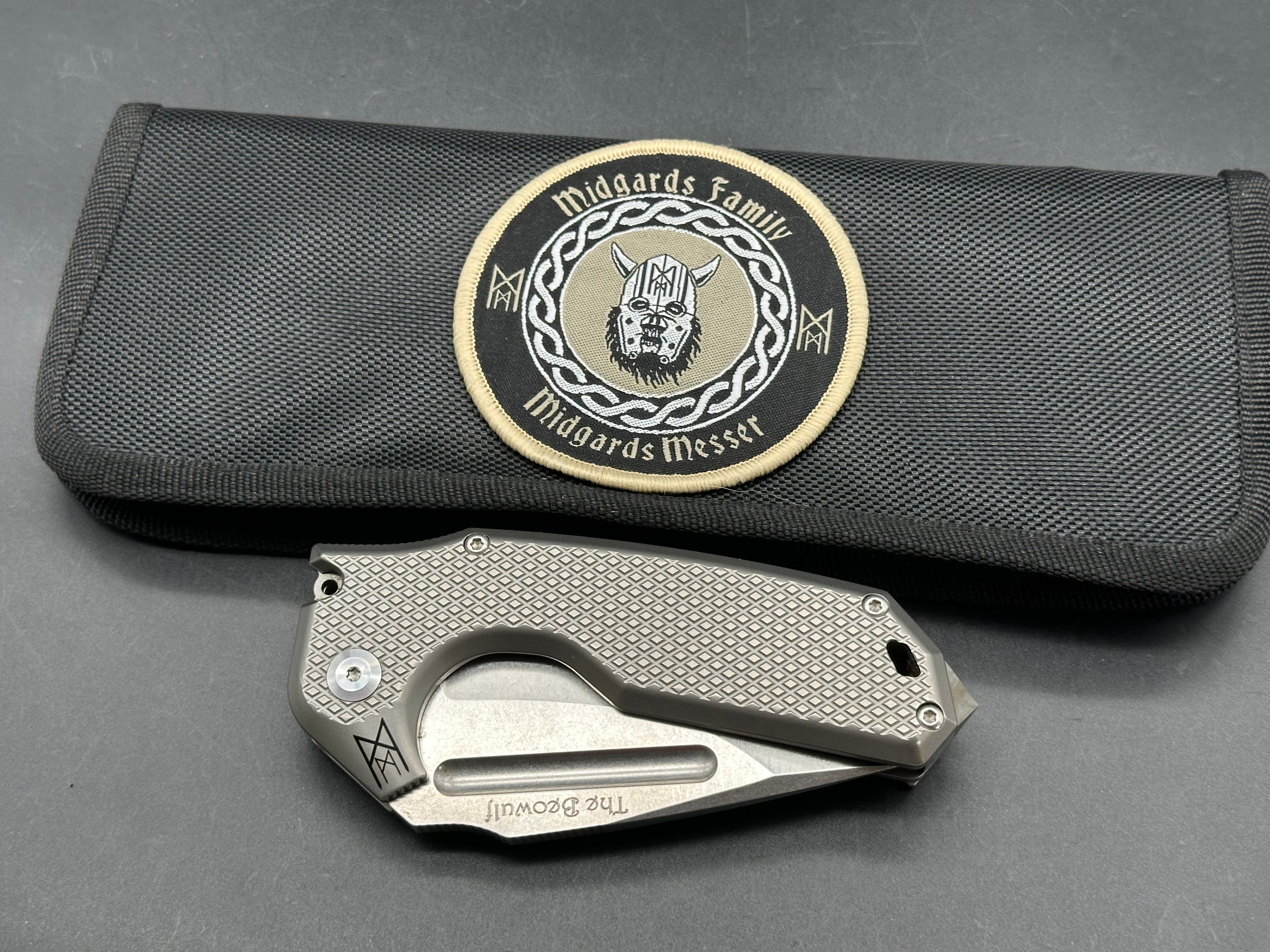 Midgards Messer - Beowulf/Grey Milled Ti Frame + Custom Zuri Backspacer & Clip & Bronze Hardware/Clip Point/Satin CPM-D2