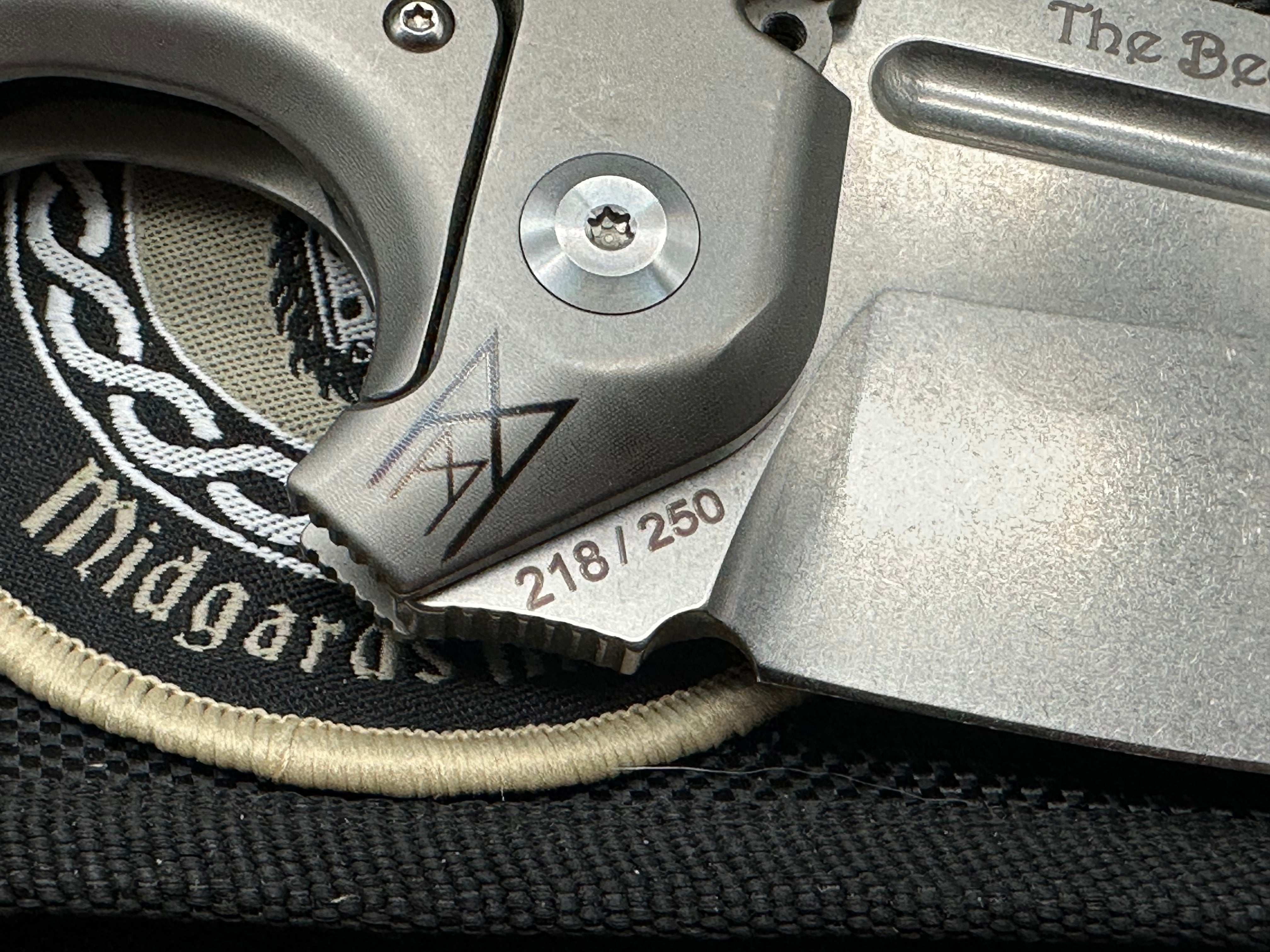 Midgards Messer - Beowulf/Grey Milled Ti Frame + Custom Zuri Backspacer & Clip & Bronze Hardware/Clip Point/Satin CPM-D2