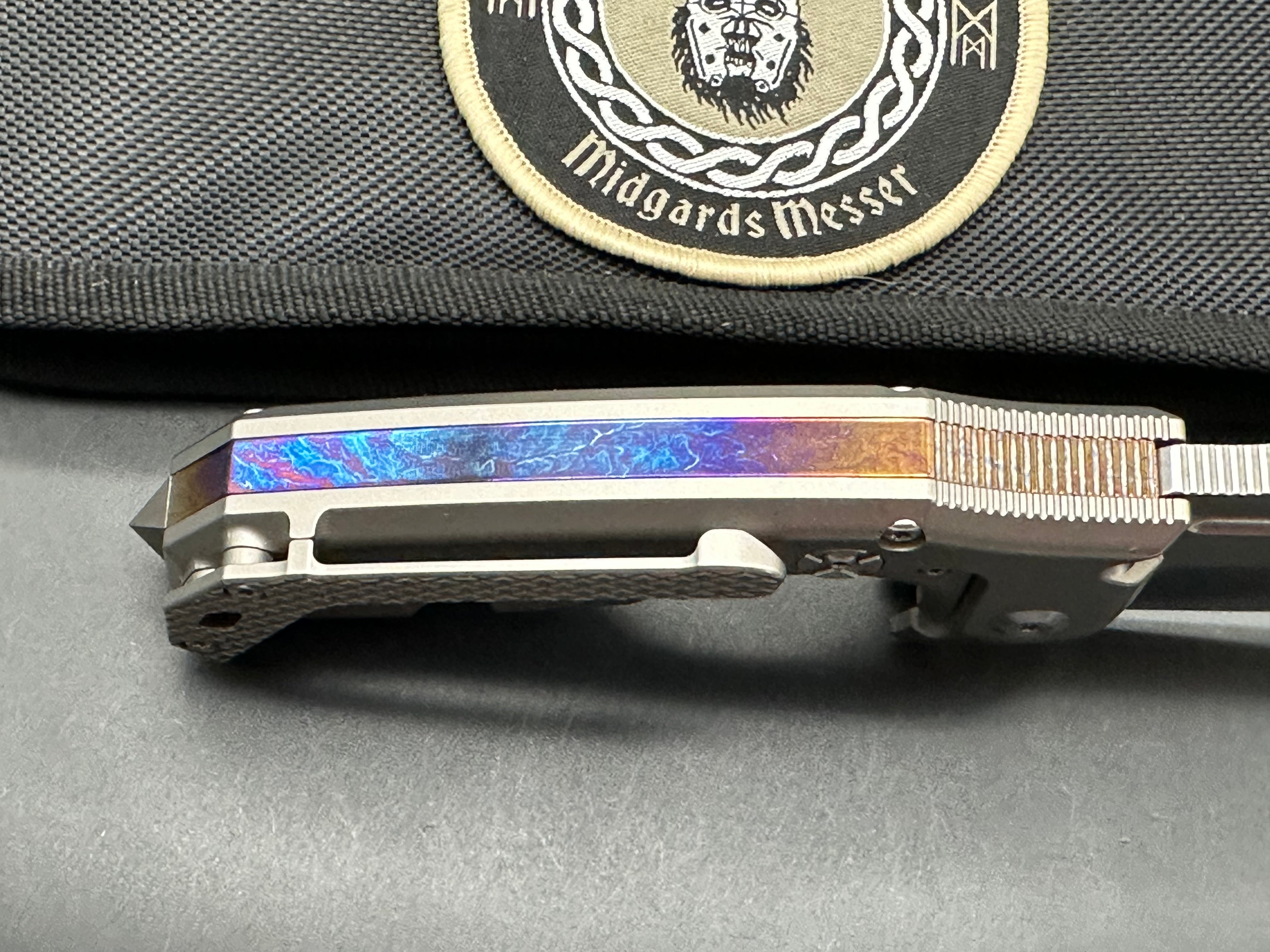 Midgards Messer - Beowulf/Grey Milled Ti Frame + Custom Zuri Backspacer & Clip & Bronze Hardware/Clip Point/Satin CPM-D2