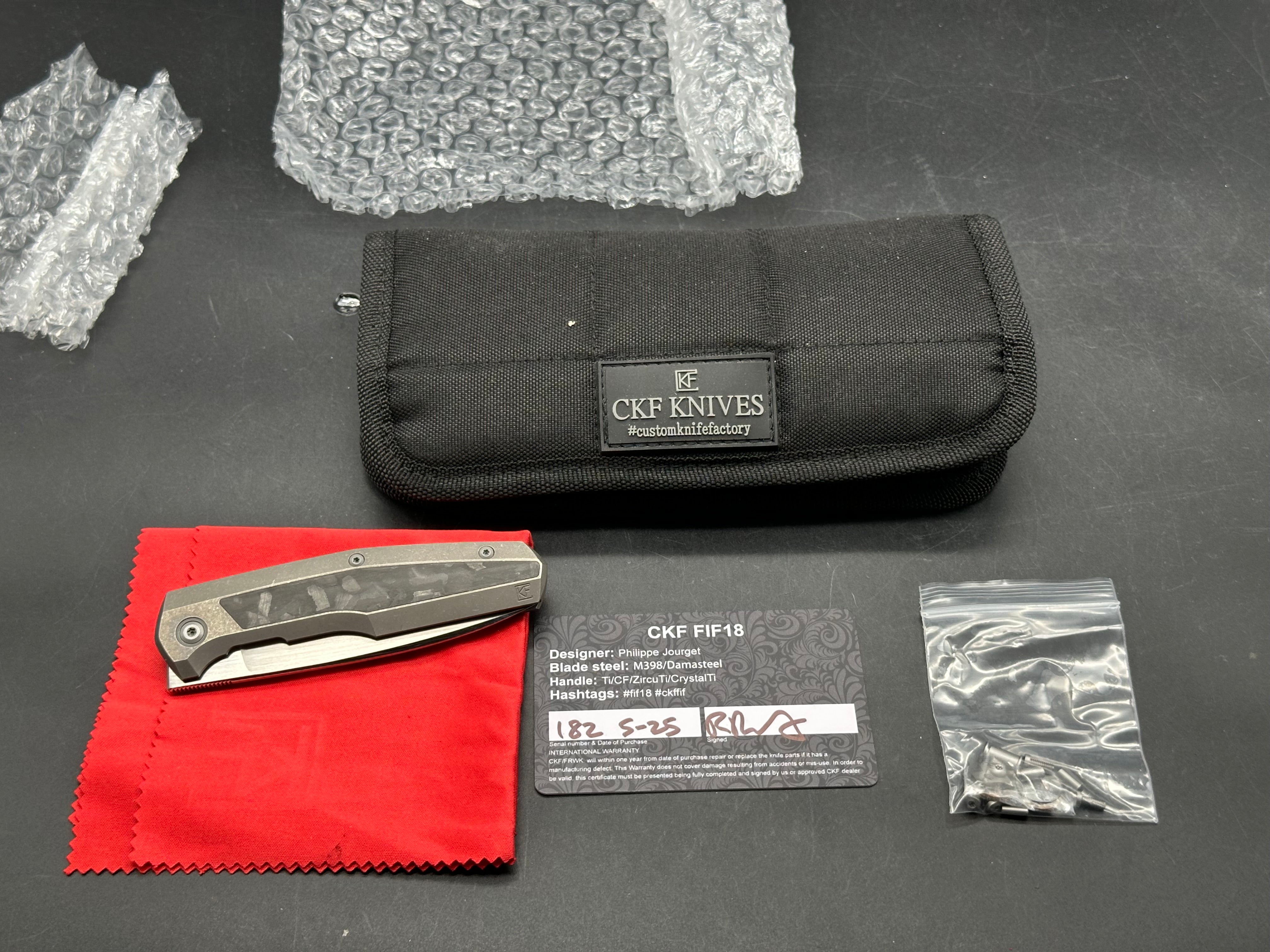 Custom Knife Factory FIF18 Tumbled Titanium Handles w/ Carbon Fiber Inlay & M398