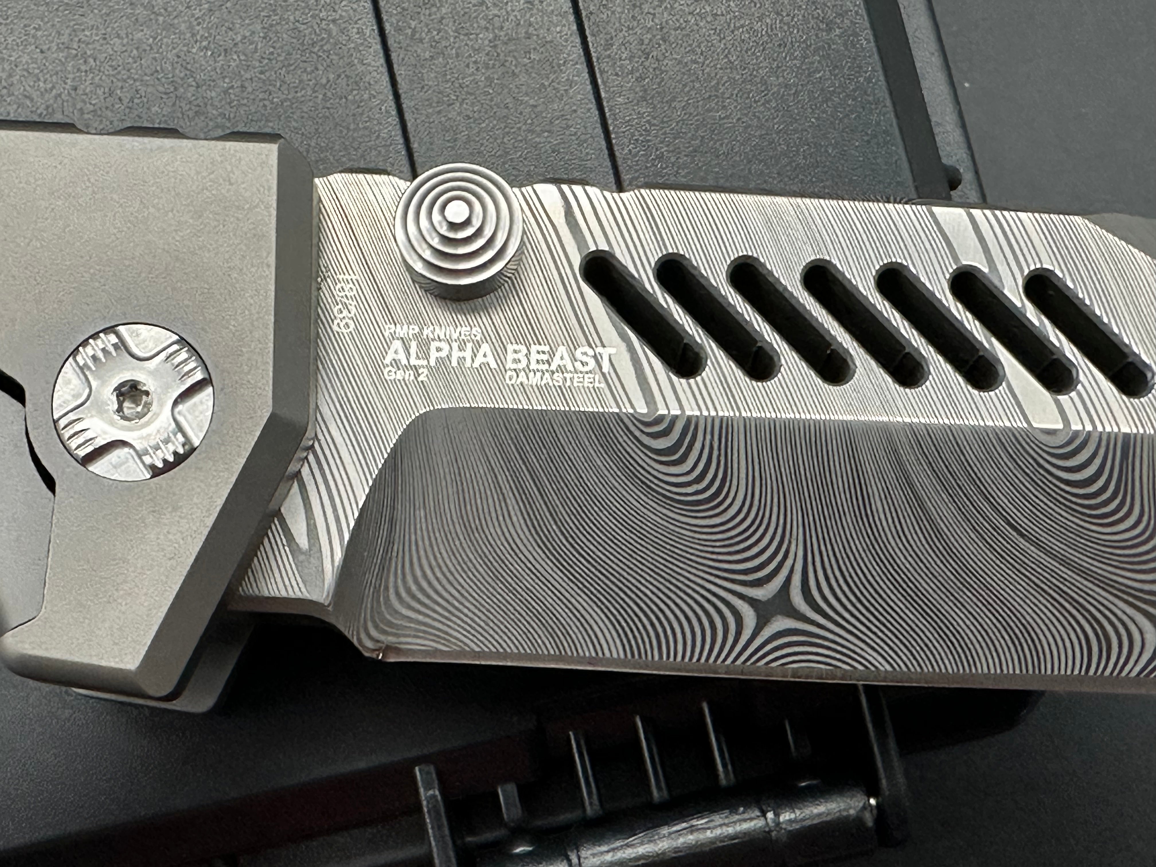 PMP Knives - Alpha Beast (Limited Edition)/Grey Ti Handle + Zircuti Pocket Clip/Clip Point Tanto/Damasteel