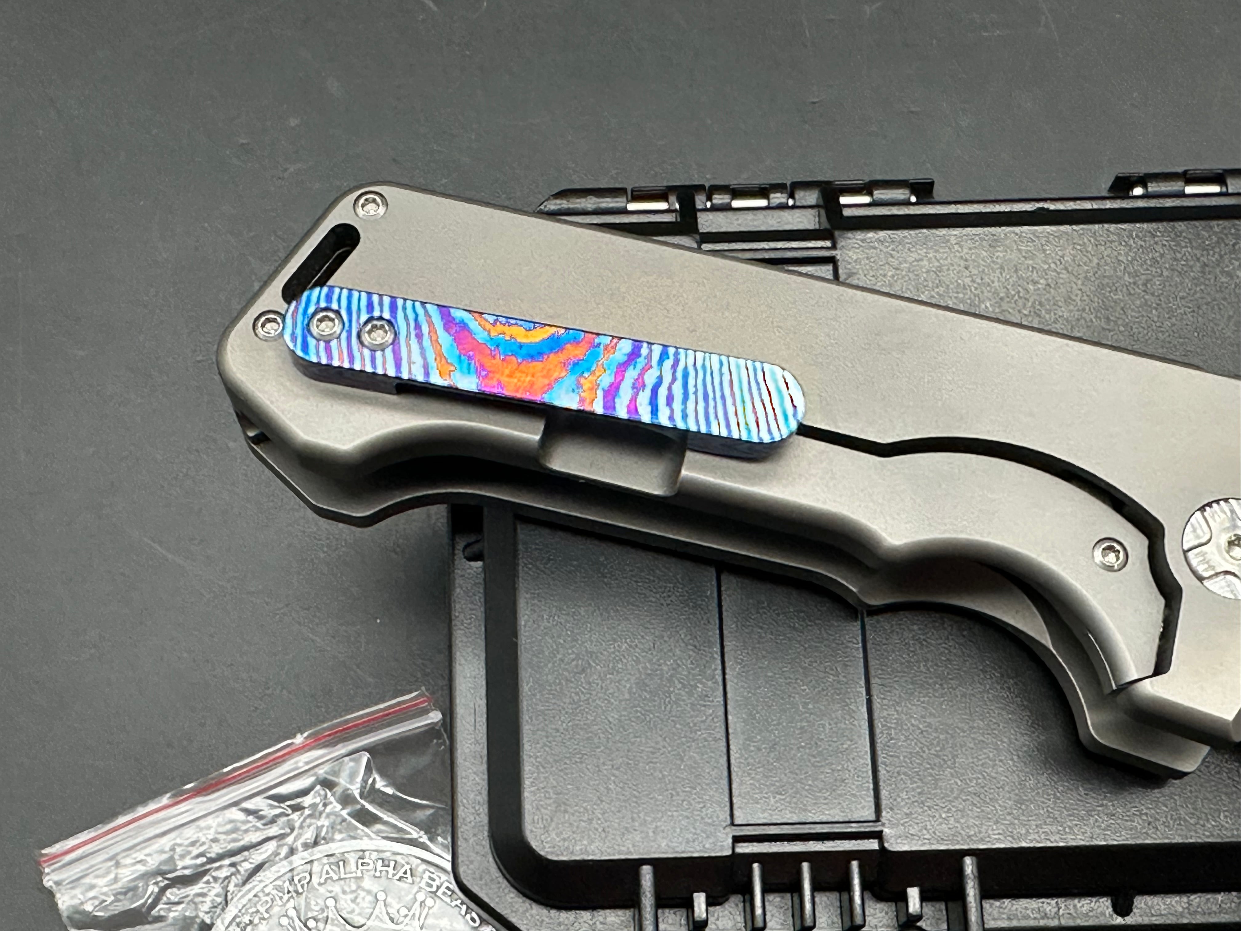PMP Knives - Alpha Beast (Limited Edition)/Grey Ti Handle + Zircuti Pocket Clip/Clip Point Tanto/Damasteel
