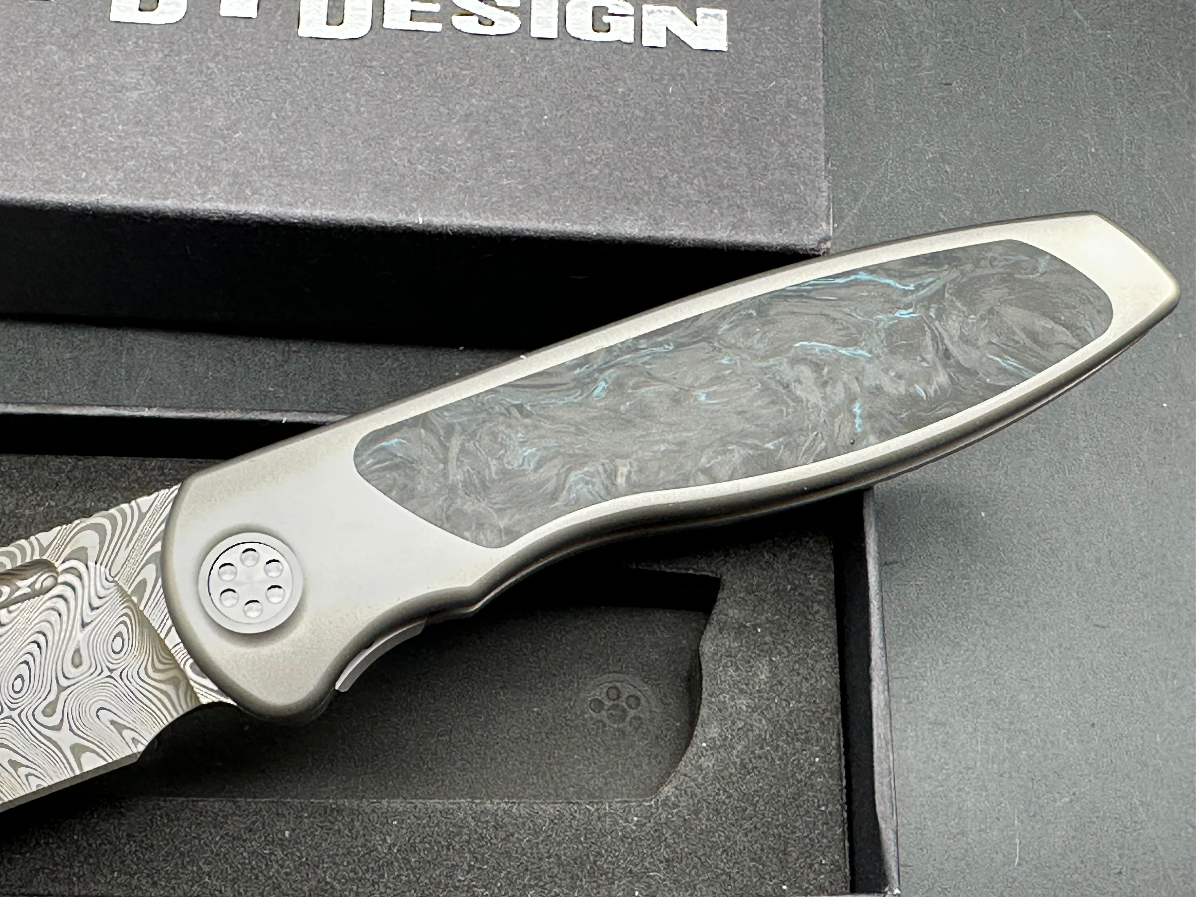 Sharp By Design Mini Tempest Marble Blue Carbonplate Drop Point (3.5" Damasteel)