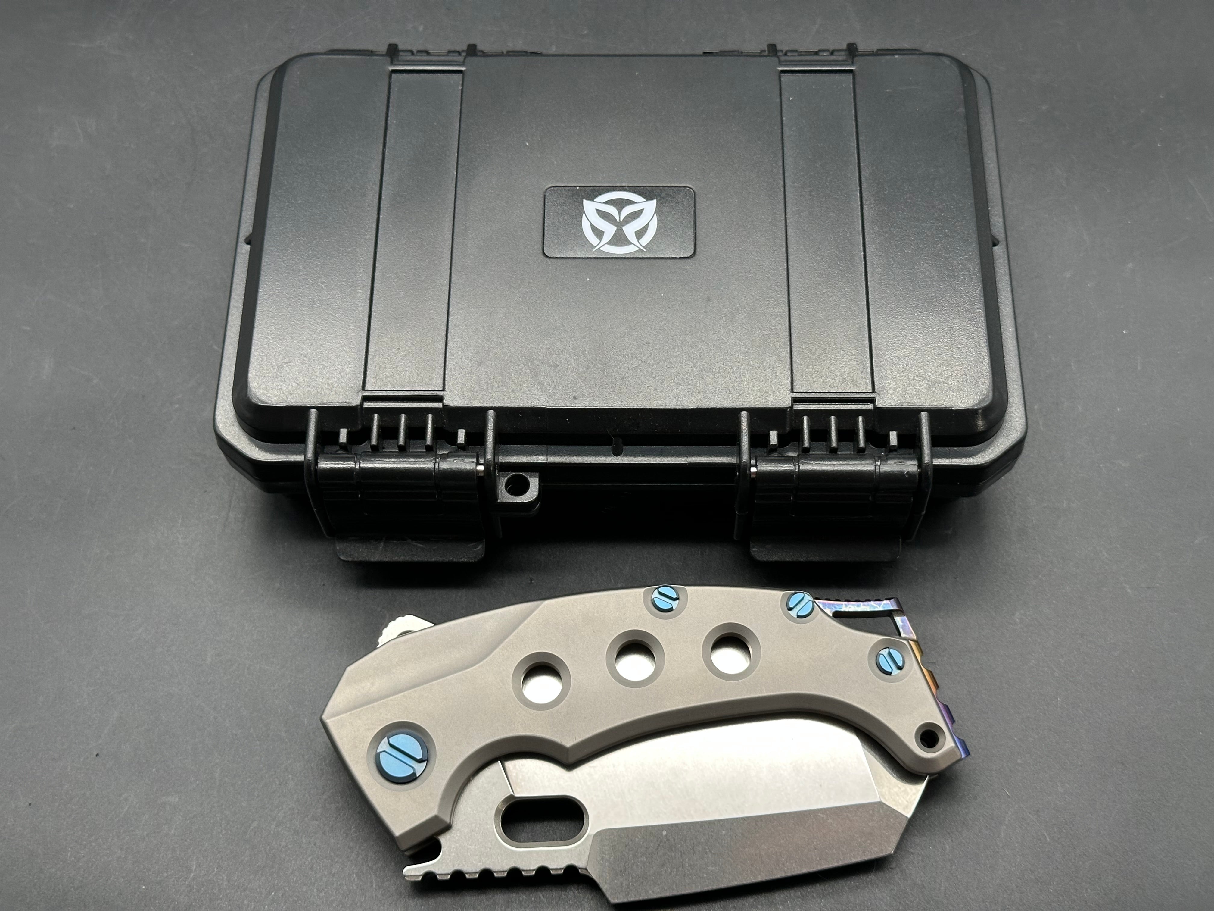 PMP Knives - Titano/Grey Ti Handle + Blue Pivot Collar & Hardware w/ Custom Lightning Ano Backspacer, Pocket Clip/Tanto/Satin Bohler M390