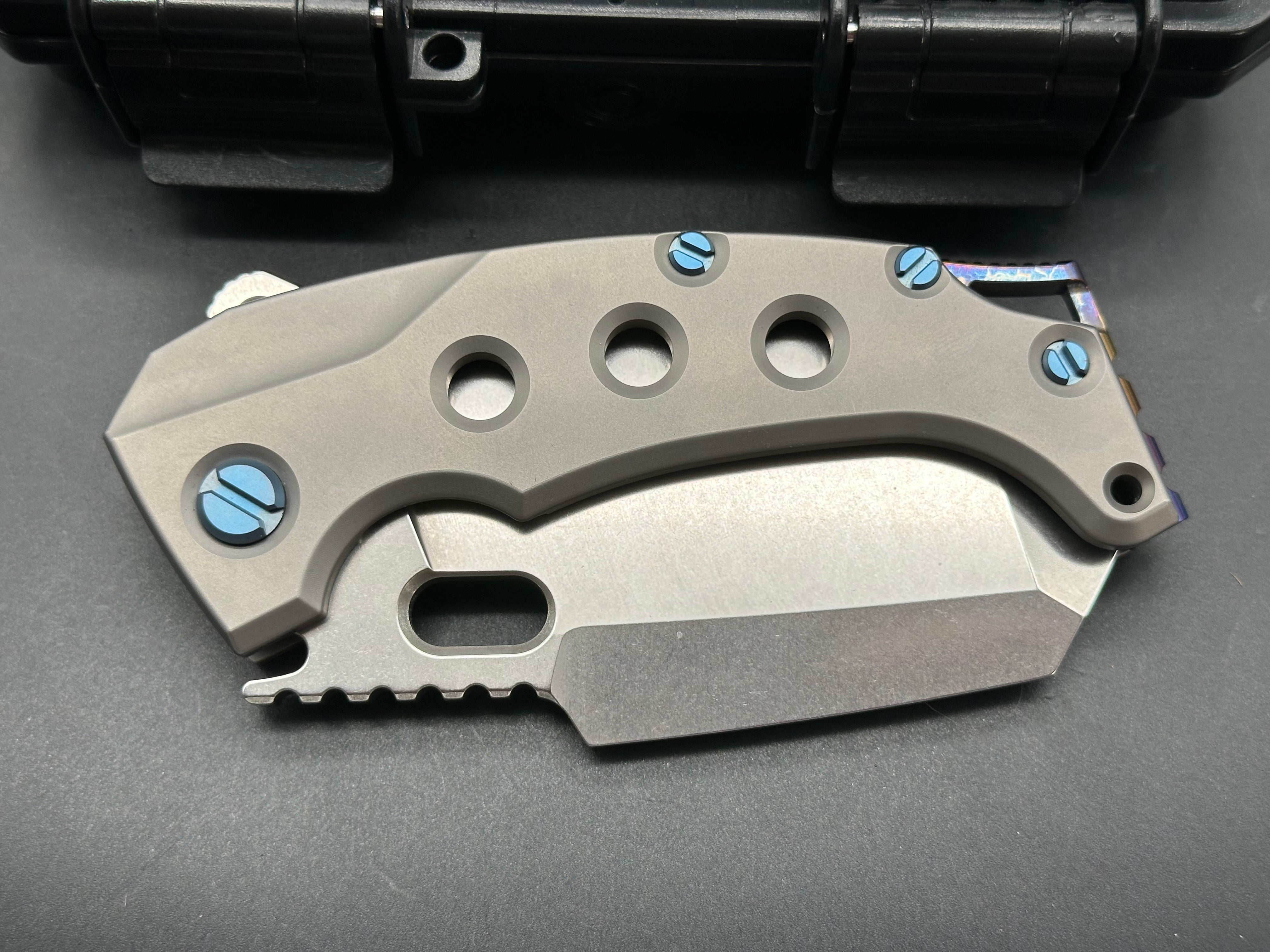 PMP Knives - Titano/Grey Ti Handle + Blue Pivot Collar & Hardware w/ Custom Lightning Ano Backspacer, Pocket Clip/Tanto/Satin Bohler M390