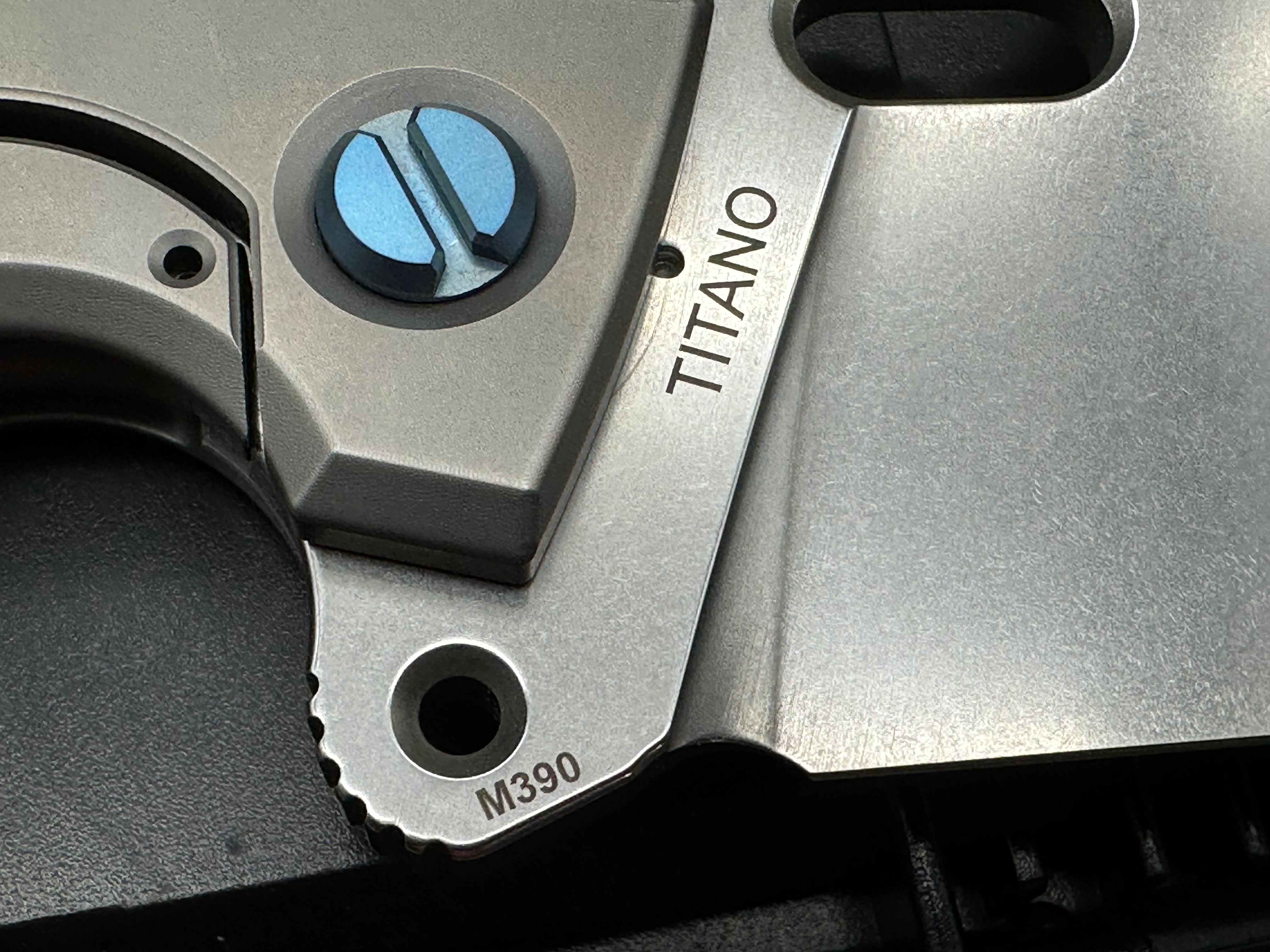PMP Knives - Titano/Grey Ti Handle + Blue Pivot Collar & Hardware w/ Custom Lightning Ano Backspacer, Pocket Clip/Tanto/Satin Bohler M390