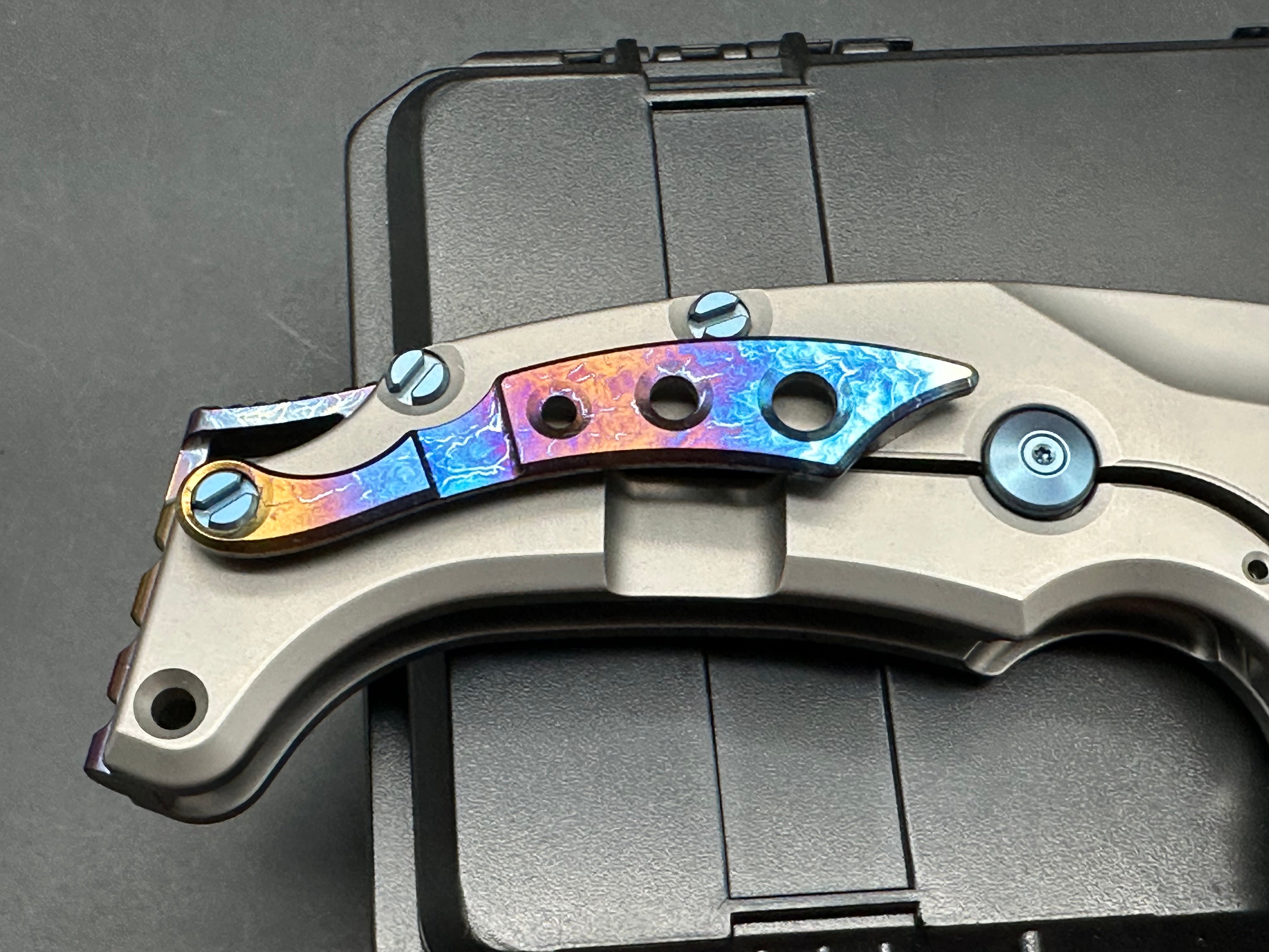 PMP Knives - Titano/Grey Ti Handle + Blue Pivot Collar & Hardware w/ Custom Lightning Ano Backspacer, Pocket Clip/Tanto/Satin Bohler M390