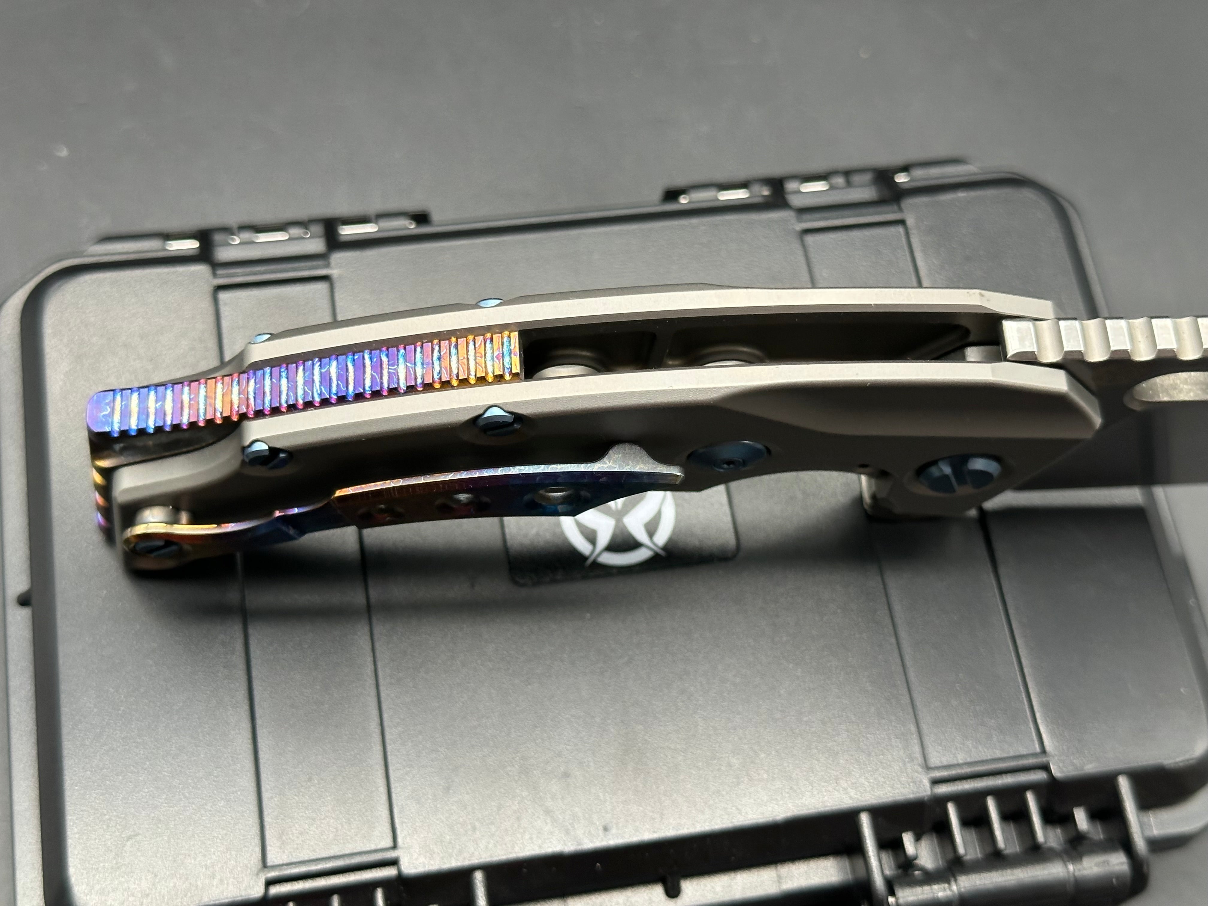 PMP Knives - Titano/Grey Ti Handle + Blue Pivot Collar & Hardware w/ Custom Lightning Ano Backspacer, Pocket Clip/Tanto/Satin Bohler M390