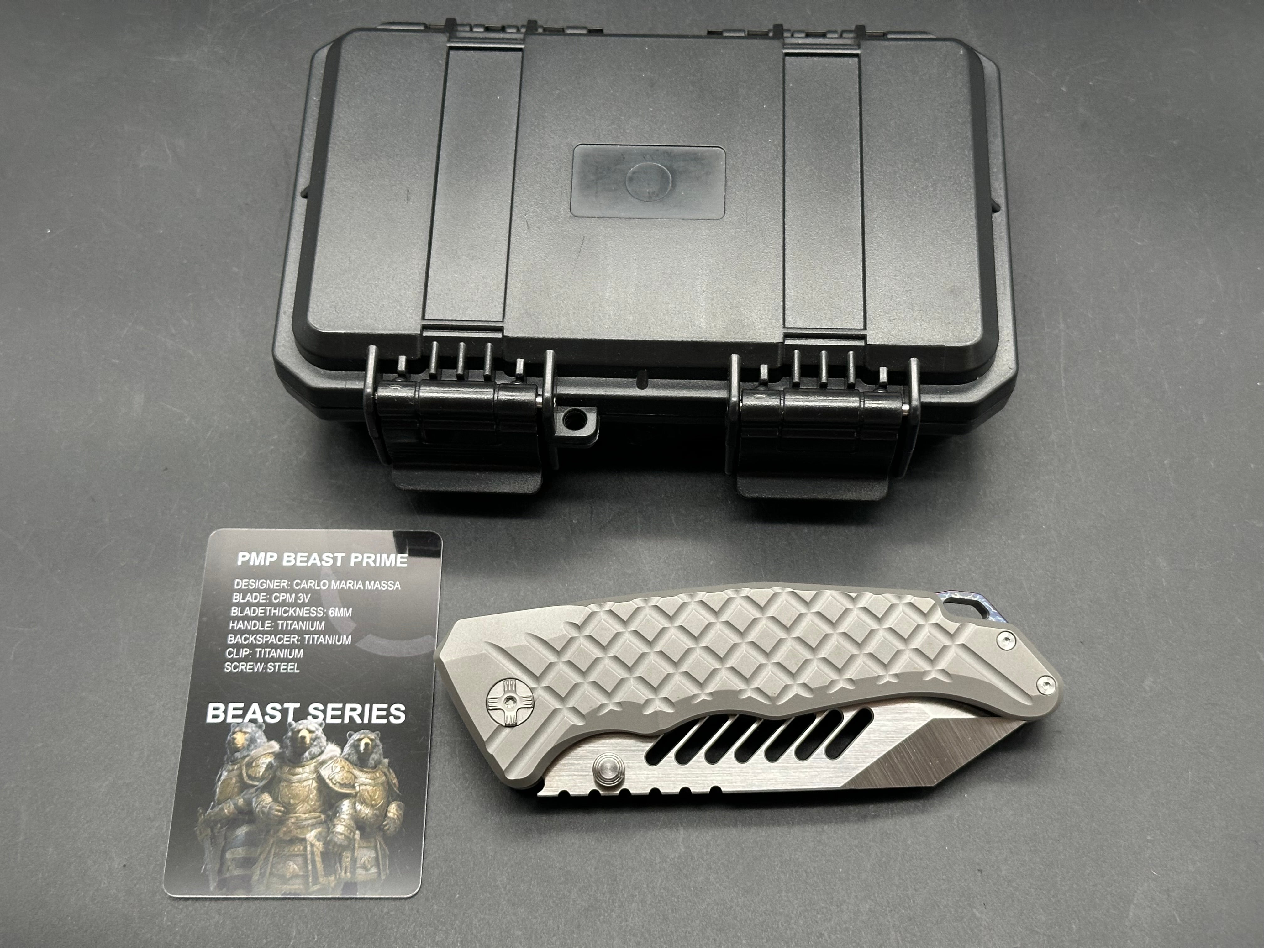 PMP Knives - Beast Prime/Grey Frag Ti Handle + Custom Lighting Ano Backspacer, Pocket Clip/Clip Point Tanto/Satin Bohler M390