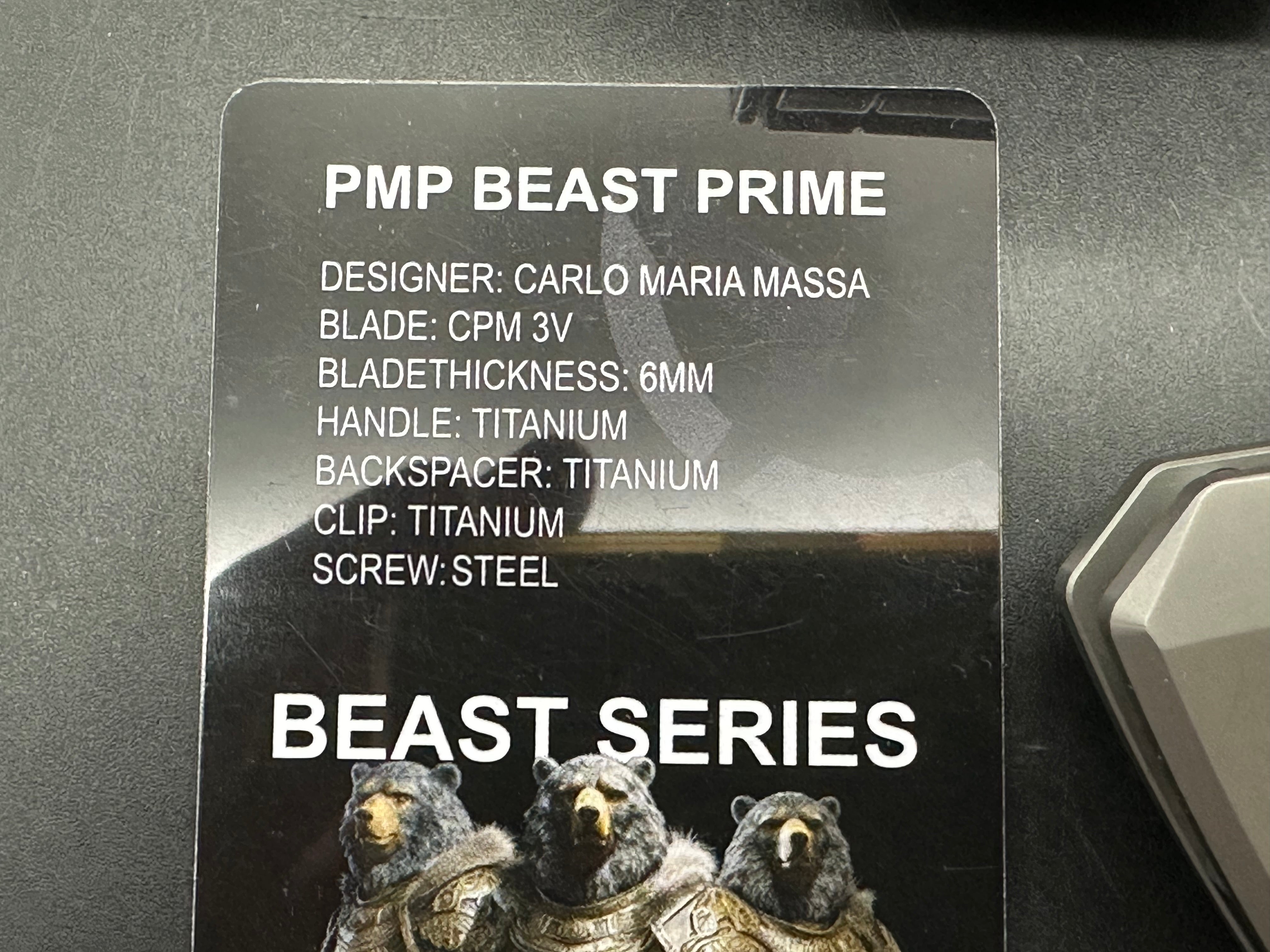 PMP Knives - Beast Prime/Grey Frag Ti Handle + Custom Lighting Ano Backspacer, Pocket Clip/Clip Point Tanto/Satin Bohler M390