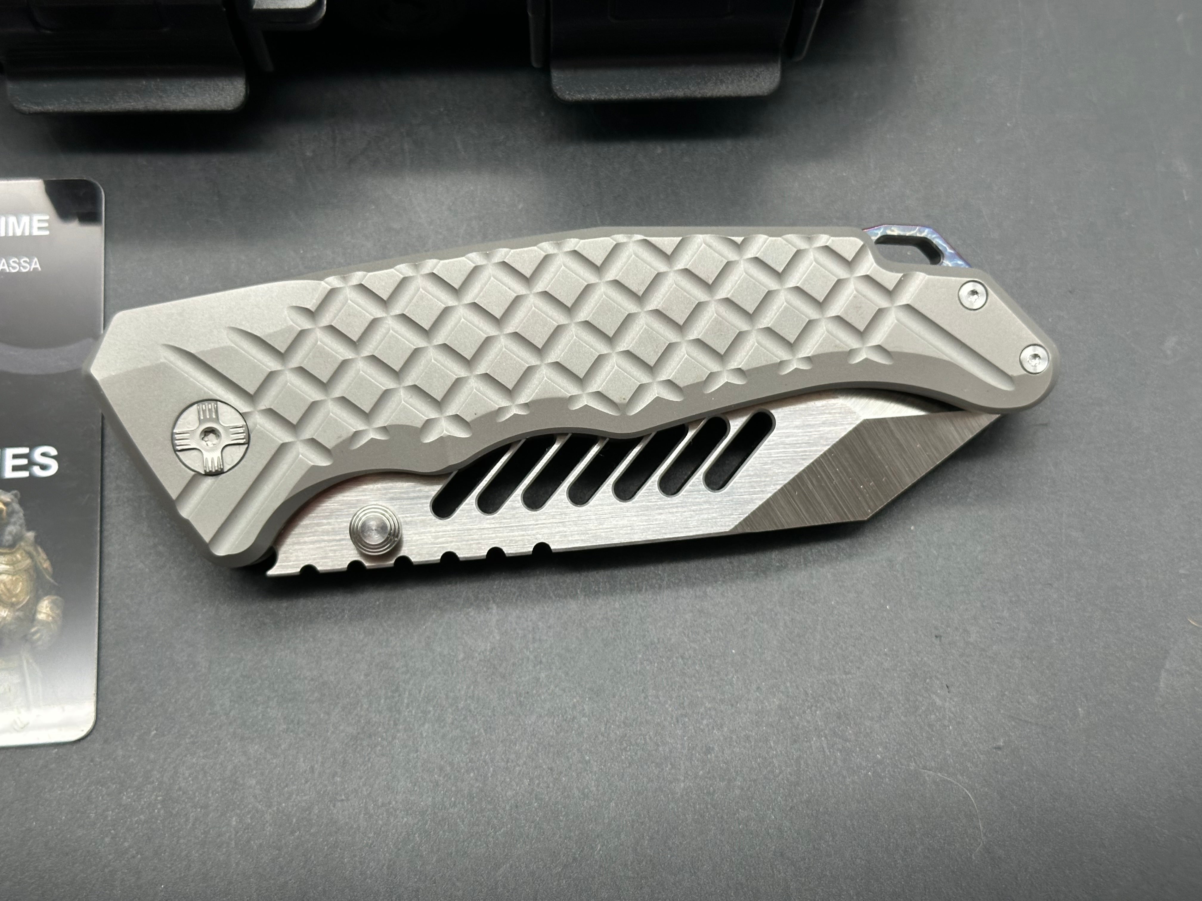 PMP Knives - Beast Prime/Grey Frag Ti Handle + Custom Lighting Ano Backspacer, Pocket Clip/Clip Point Tanto/Satin Bohler M390