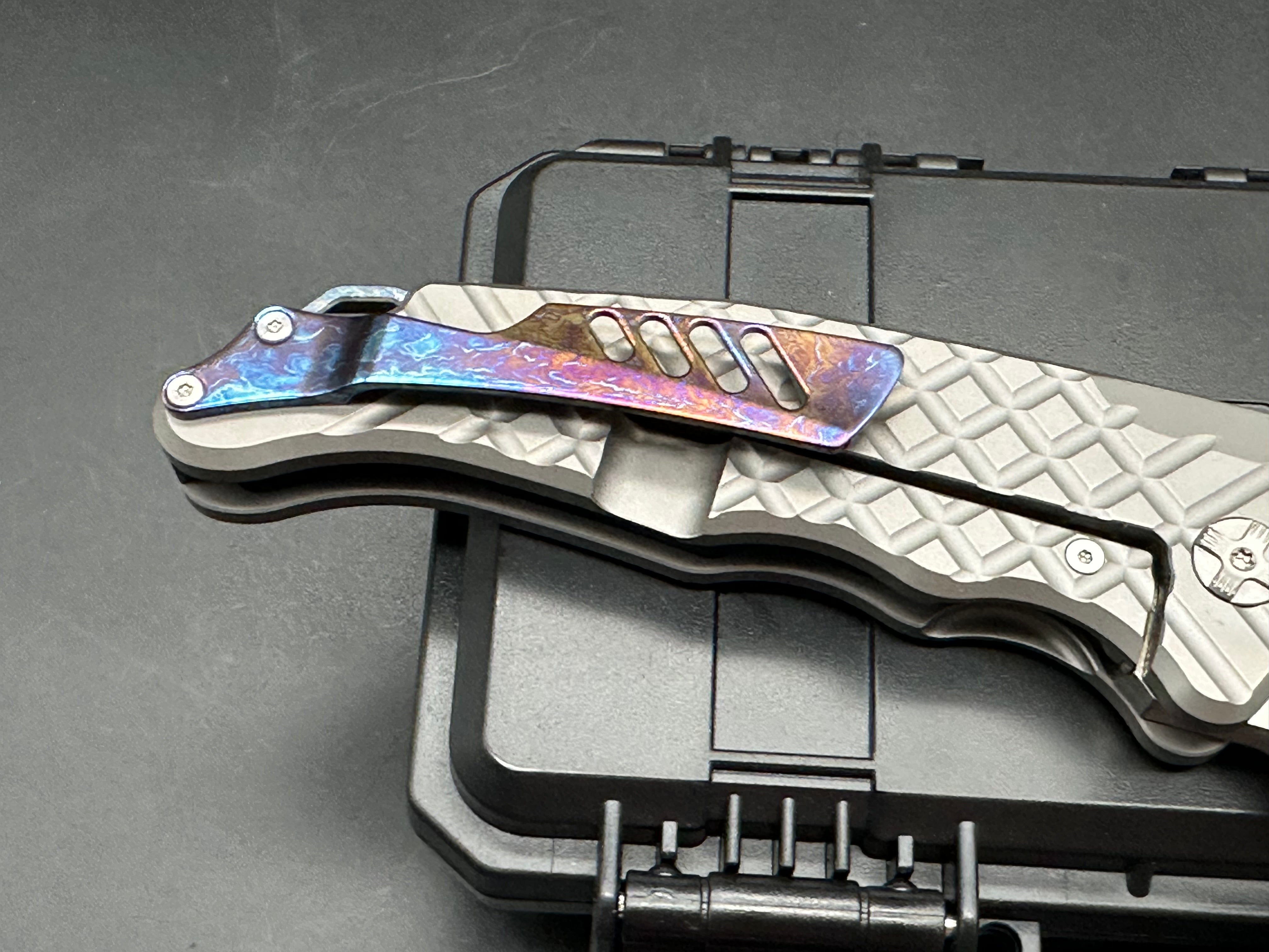 PMP Knives - Beast Prime/Grey Frag Ti Handle + Custom Lighting Ano Backspacer, Pocket Clip/Clip Point Tanto/Satin Bohler M390