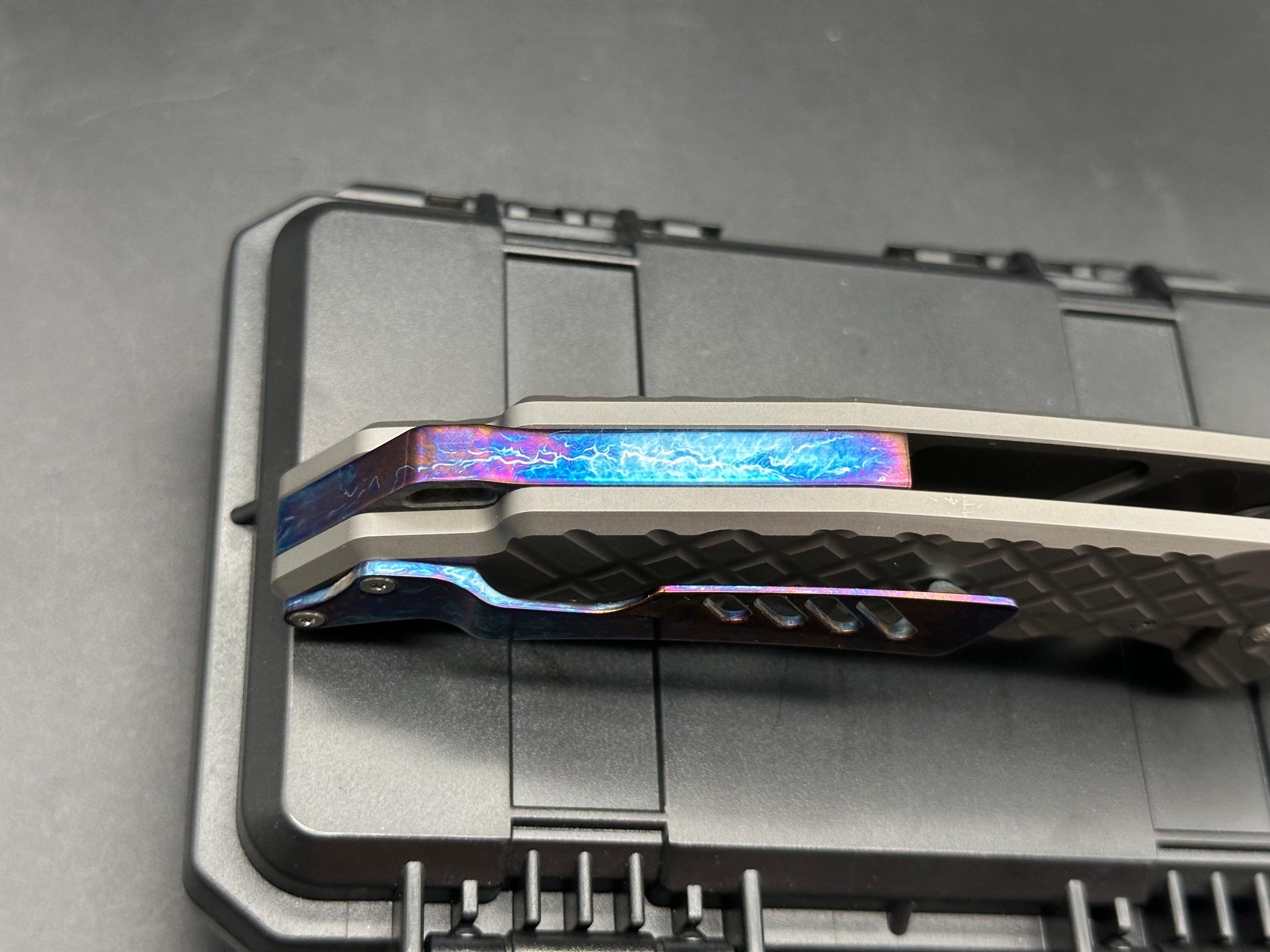 PMP Knives - Beast Prime/Grey Frag Ti Handle + Custom Lighting Ano Backspacer, Pocket Clip/Clip Point Tanto/Satin Bohler M390