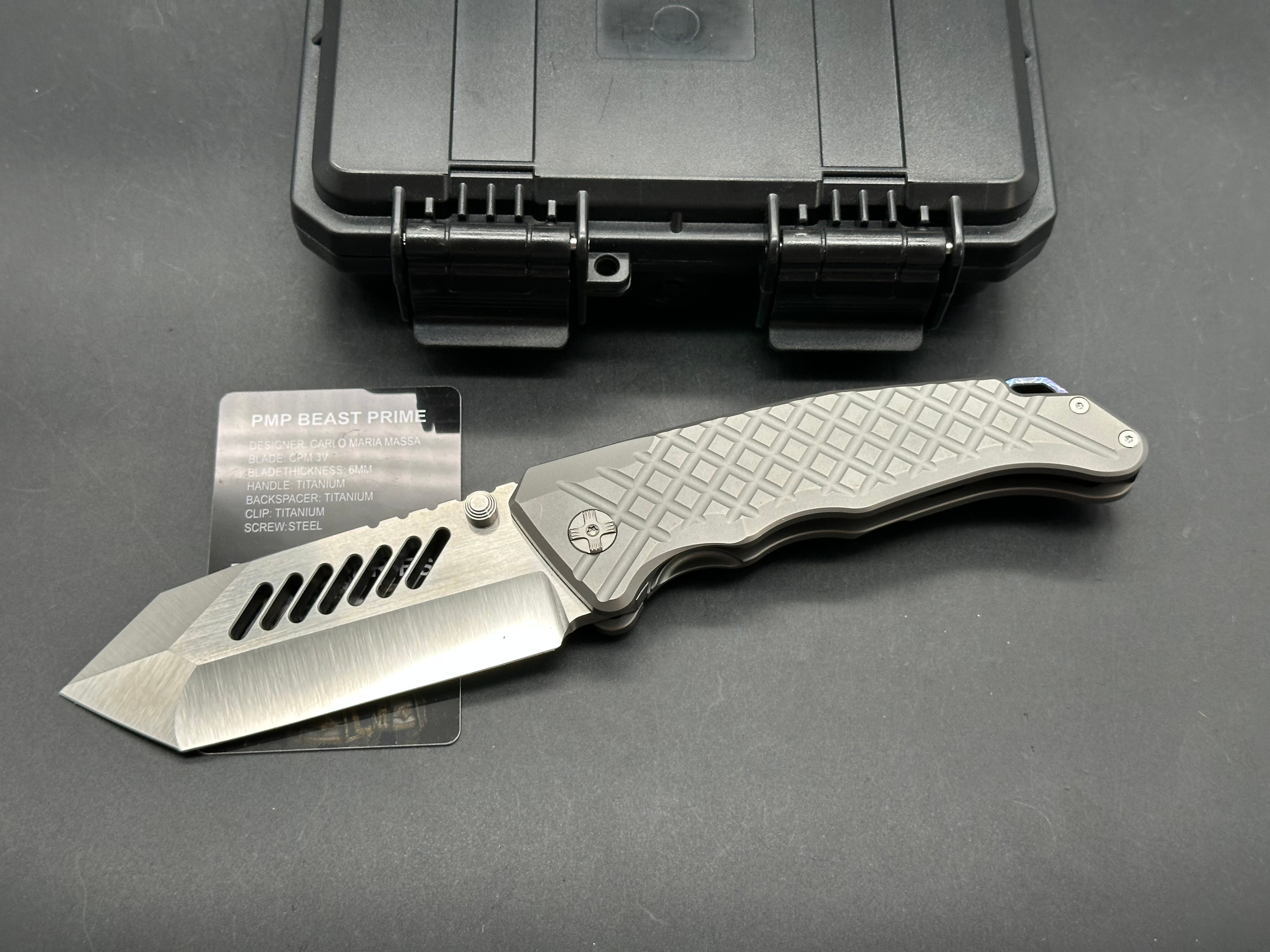 PMP Knives - Beast Prime/Grey Frag Ti Handle + Custom Lighting Ano Backspacer, Pocket Clip/Clip Point Tanto/Satin Bohler M390