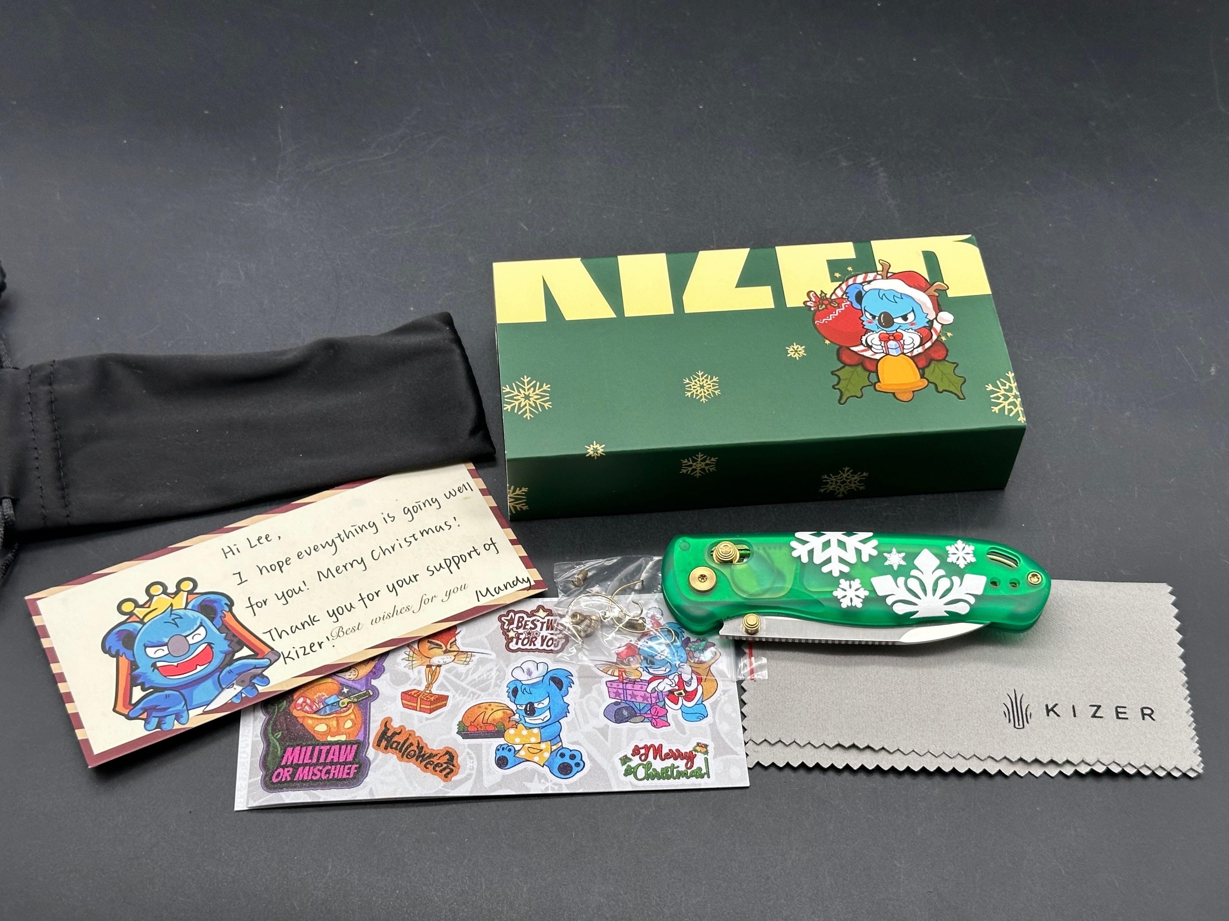 Kizer Drop Bear Holiday issue green handle w/154CM blade