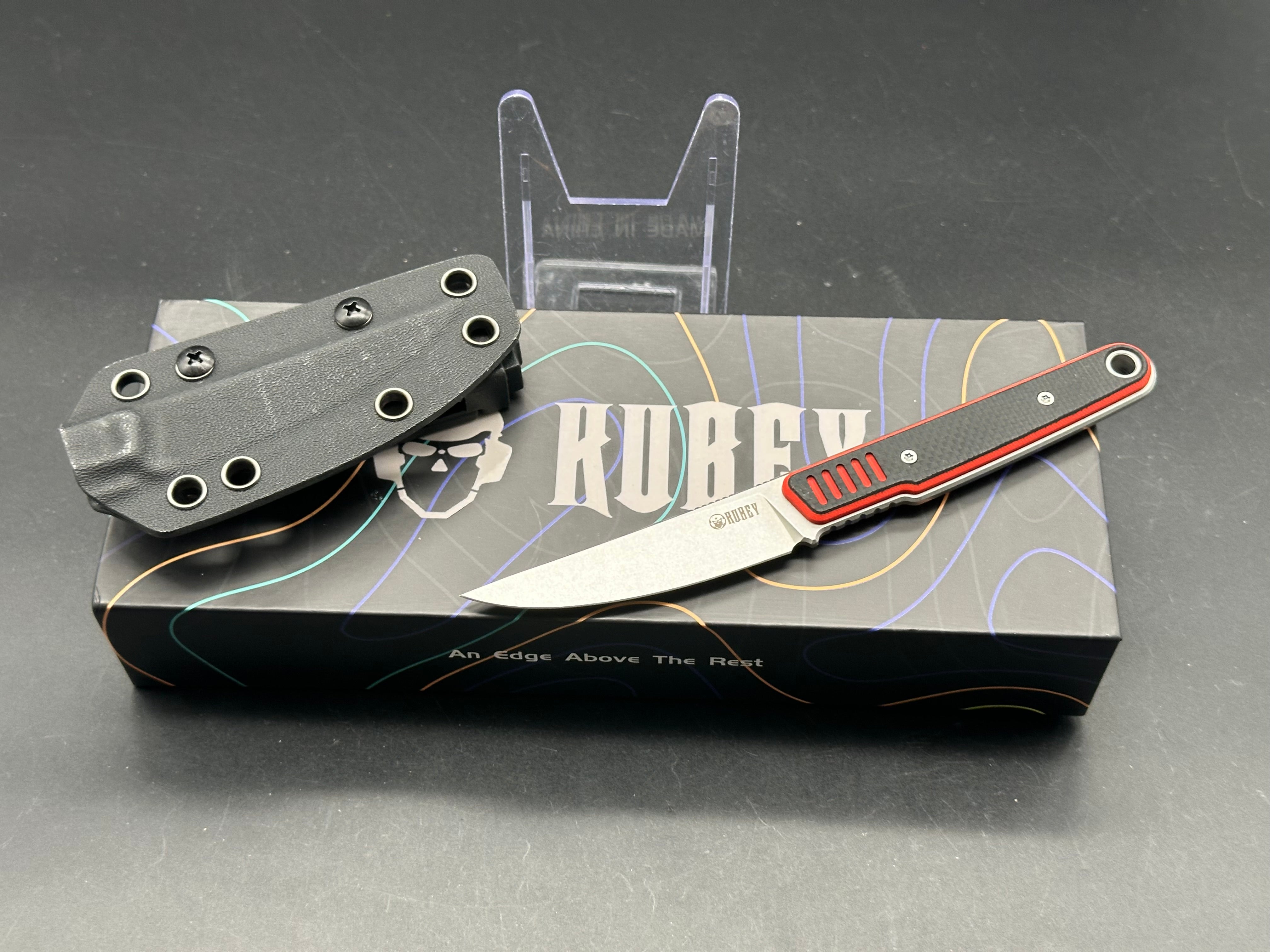 KUBEY JL KWAIKEN FIXED BLADE KNIFE RED/BLACK G10 HANDLE 14C28N PLAIN EDGE BEADBLAST FINISH