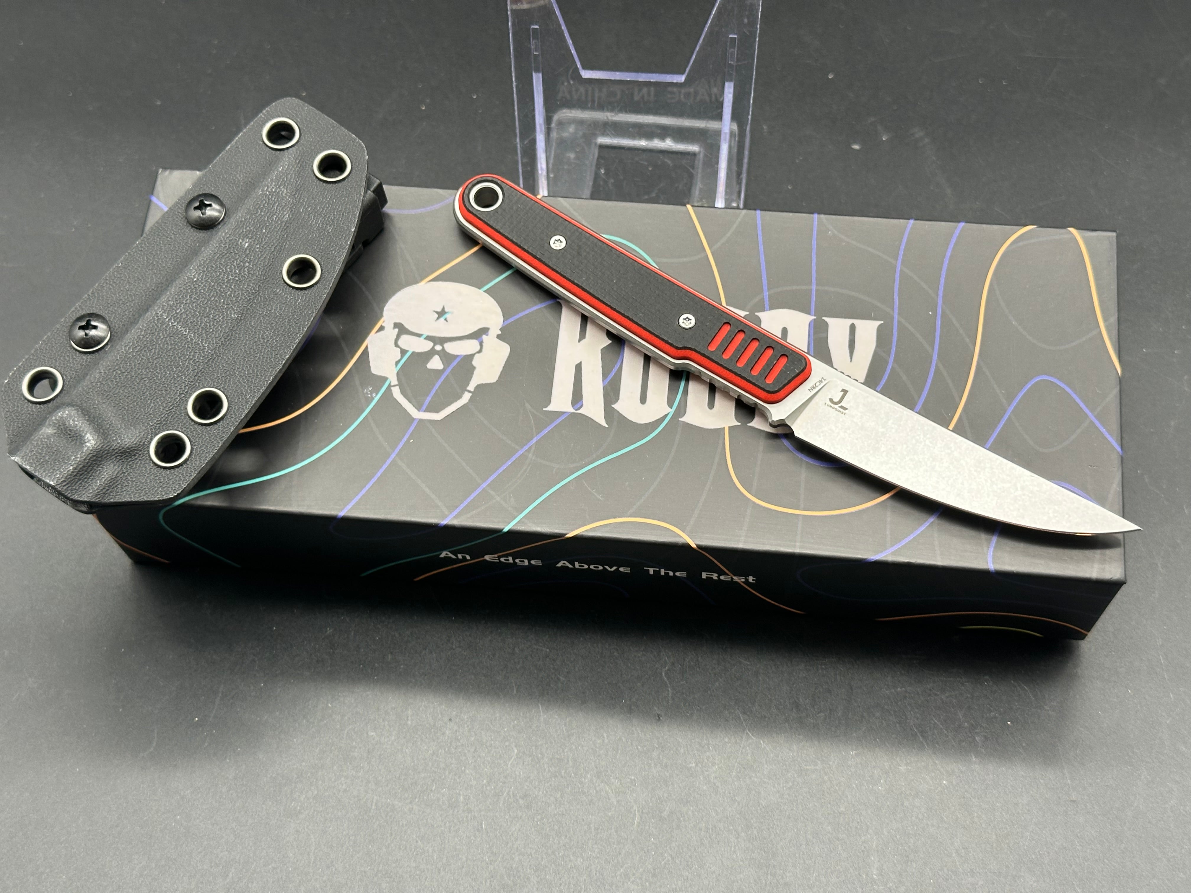KUBEY JL KWAIKEN FIXED BLADE KNIFE RED/BLACK G10 HANDLE 14C28N PLAIN EDGE BEADBLAST FINISH