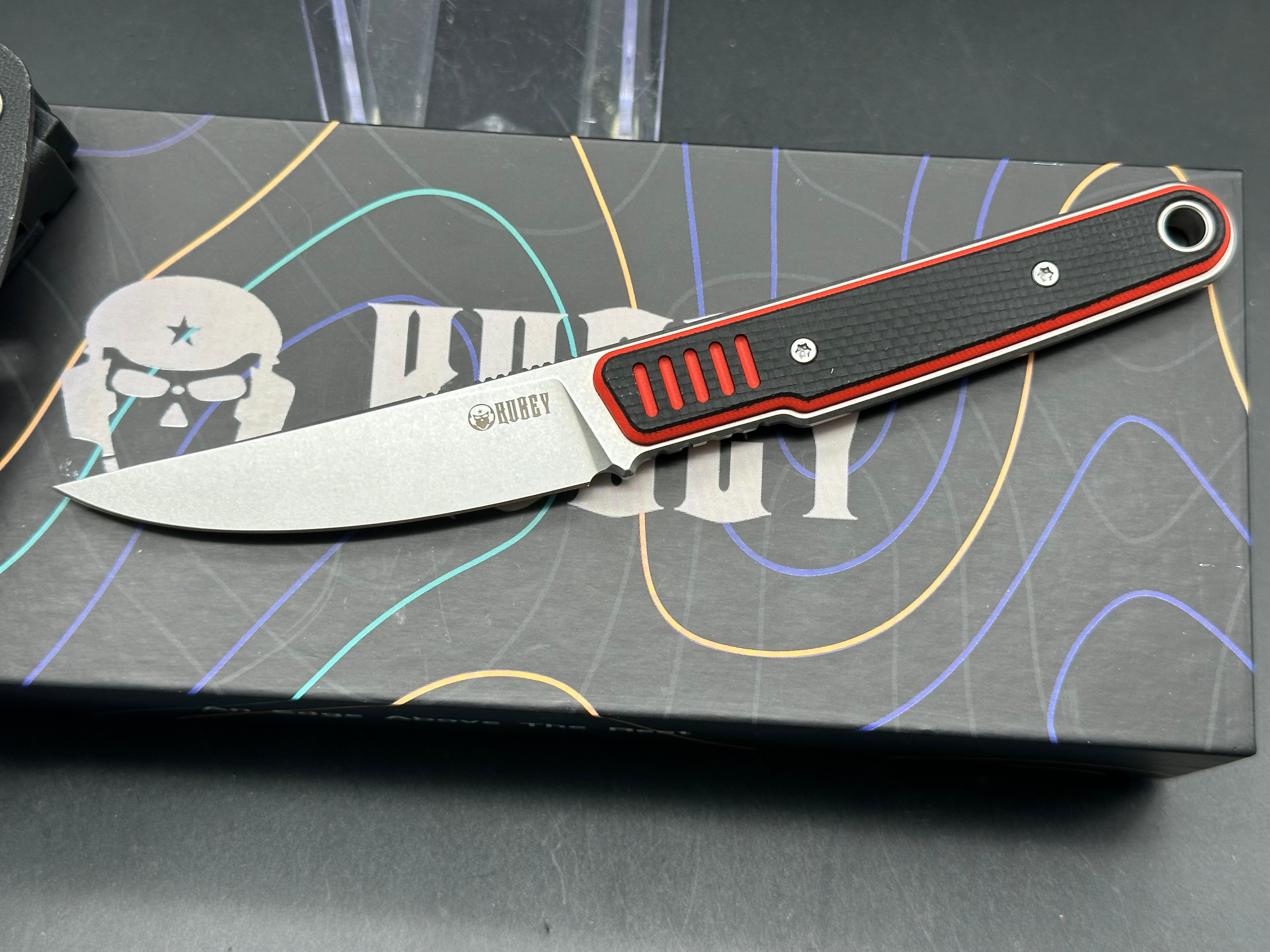KUBEY JL KWAIKEN FIXED BLADE KNIFE RED/BLACK G10 HANDLE 14C28N PLAIN EDGE BEADBLAST FINISH