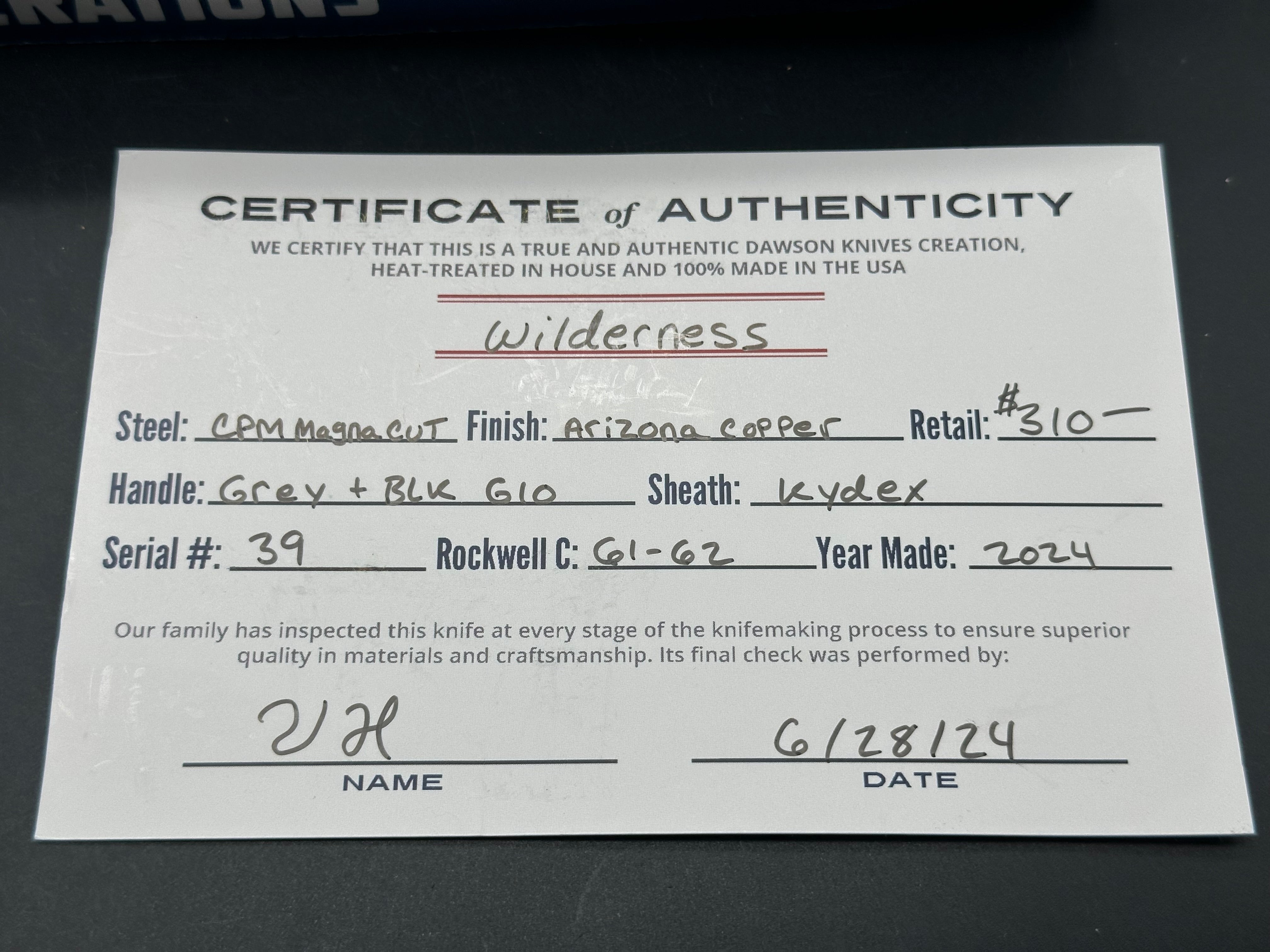 Dawson Knives Wilderness magnacut blade