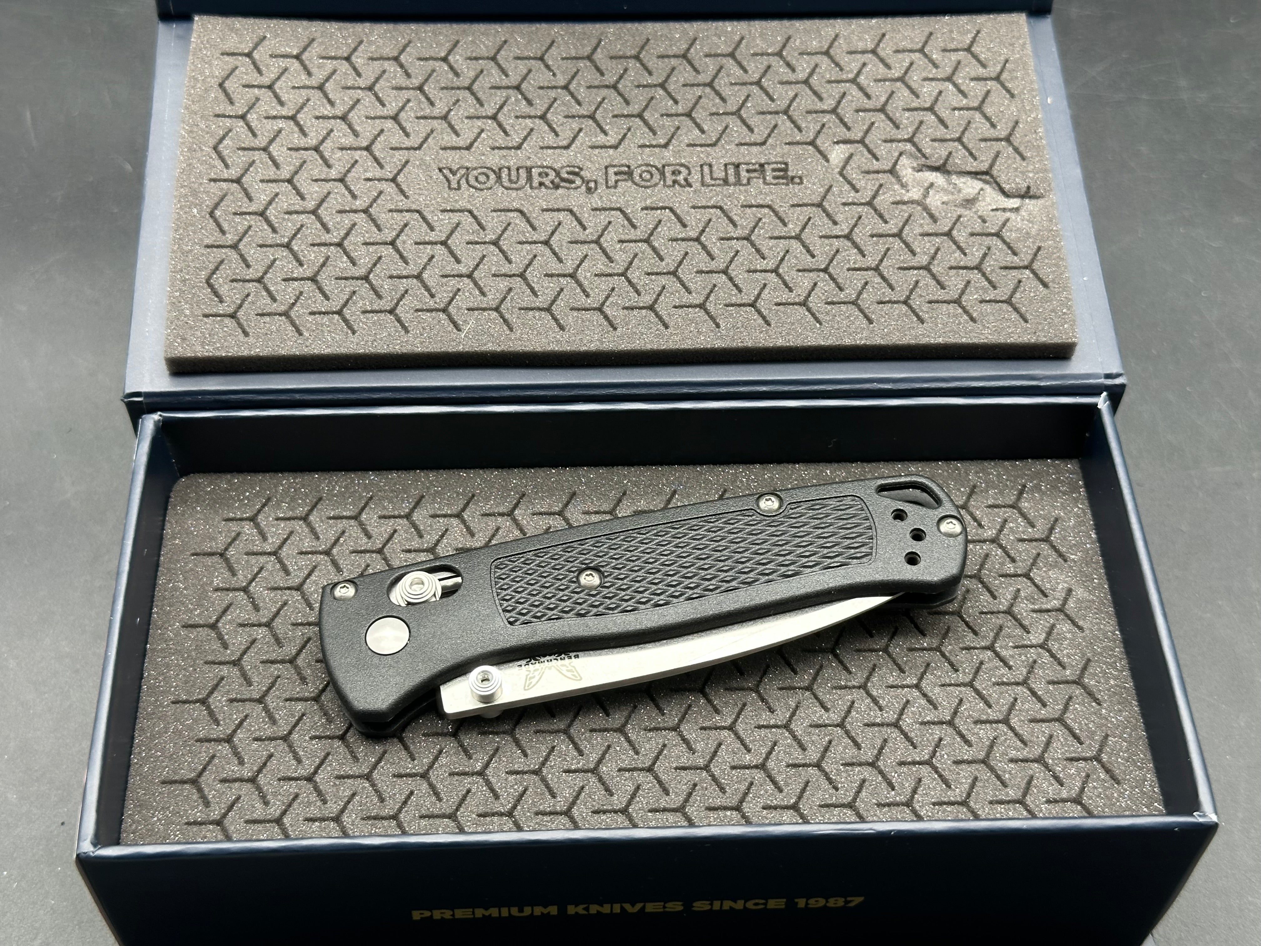 Benchmade Bugout-Custom, 3.24" MagnaCut Stonewash Blade with Custom Black Grivory Scales