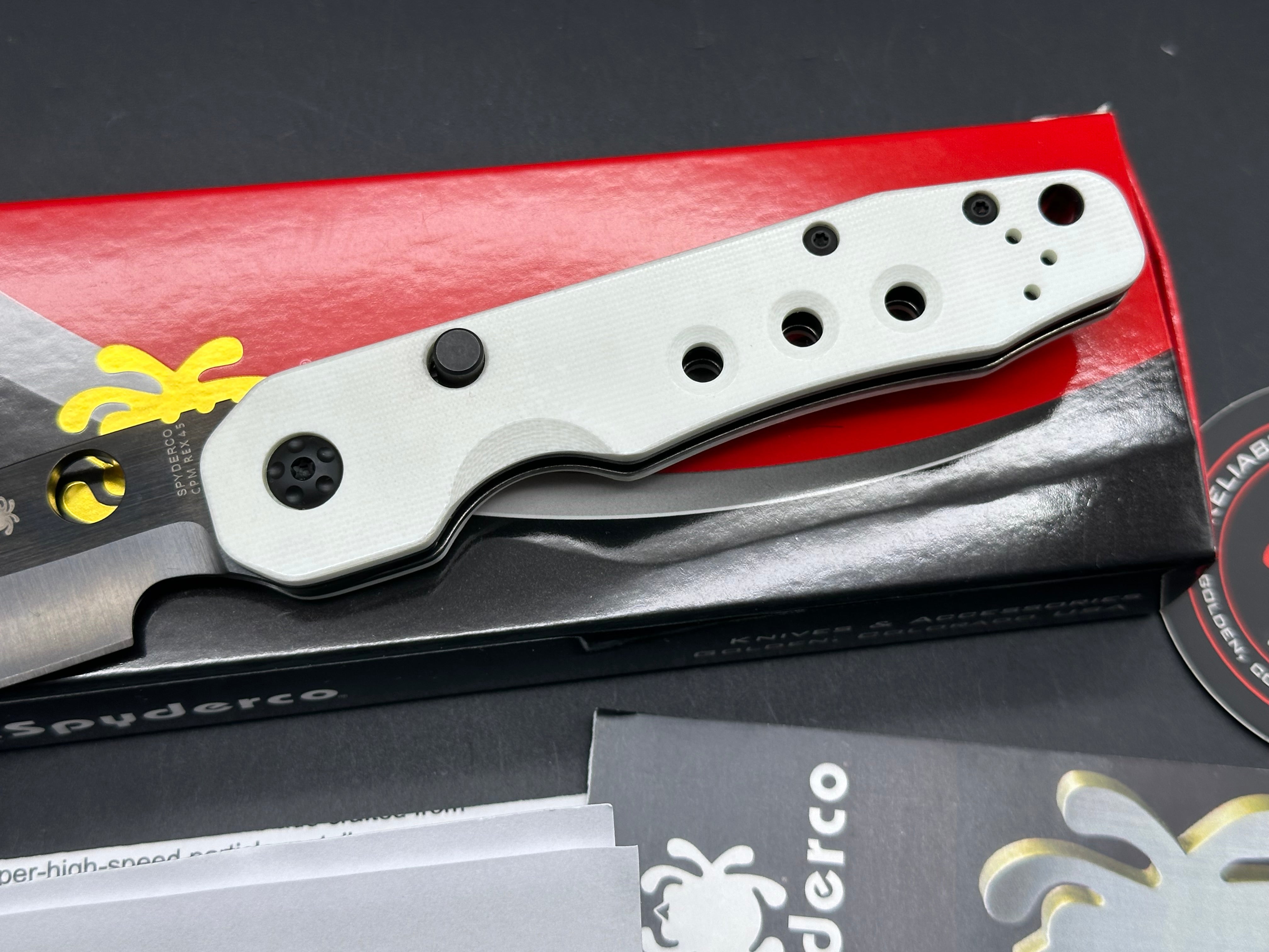 Spyderco Smock Smooth White G10 Black Rex 45 GP GP Knives exclusive