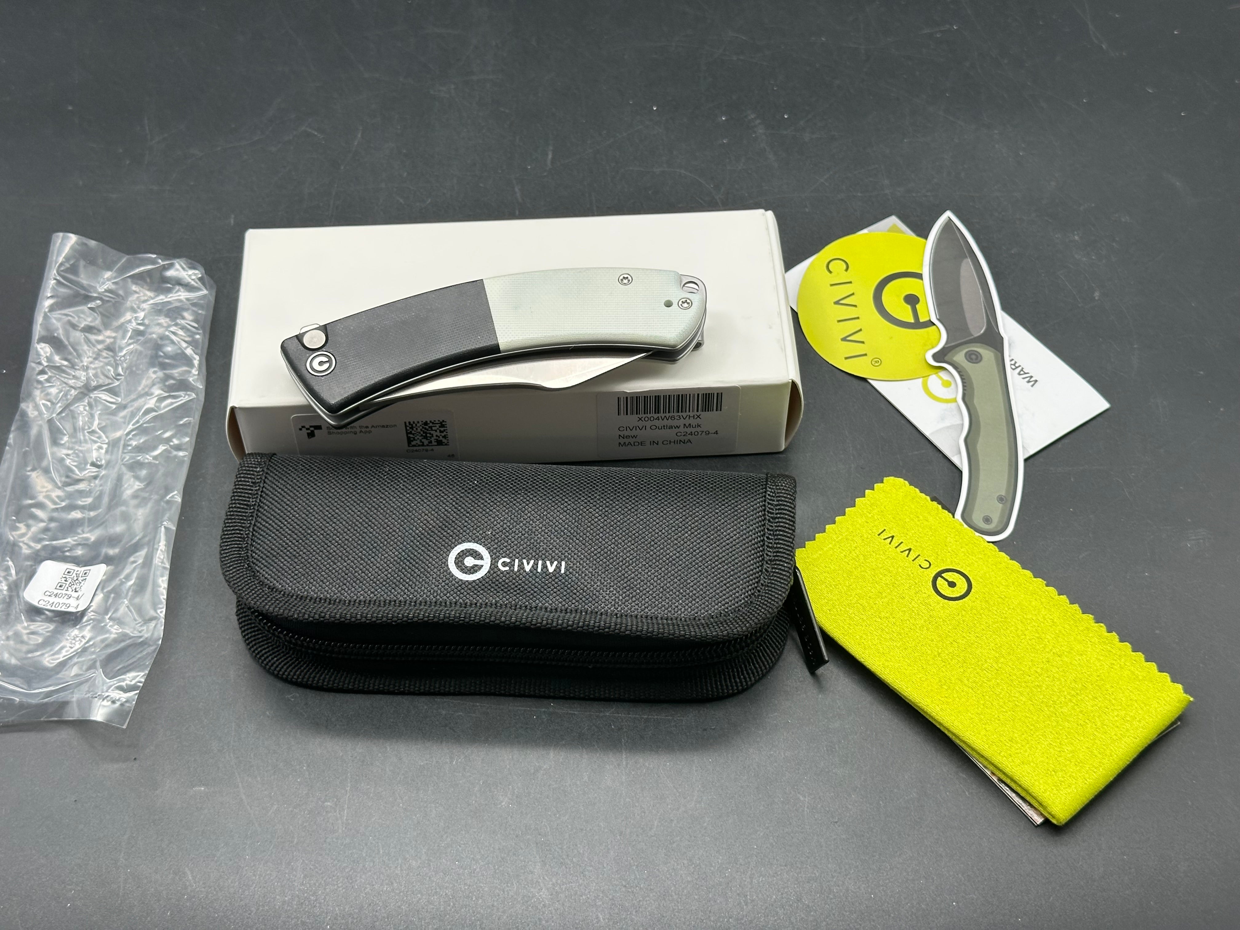 CIVIVI Outlaw Muk Button Lock Knife Black & White G-10 (3.5" Satin 14C28N)