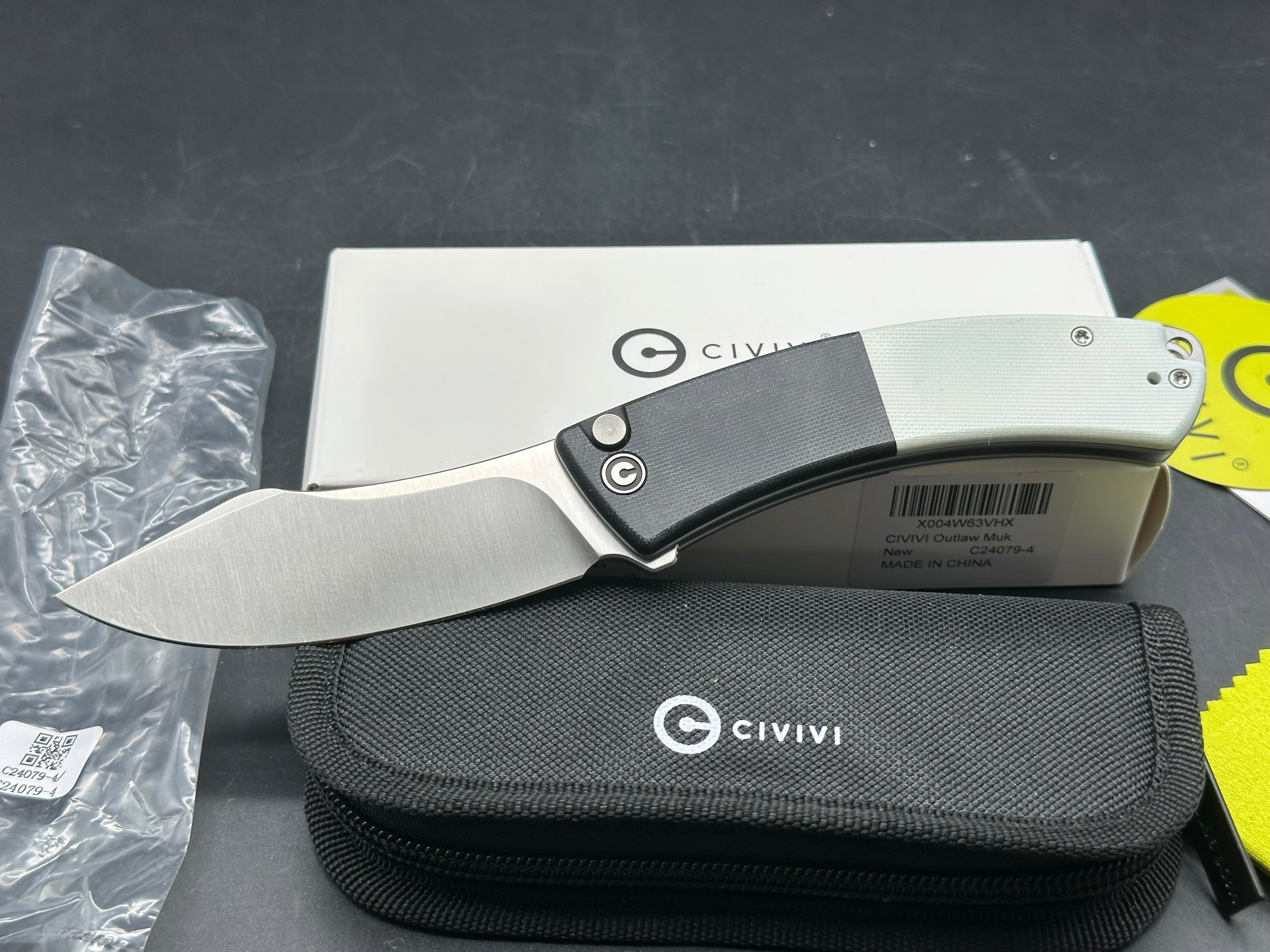CIVIVI Outlaw Muk Button Lock Knife Black & White G-10 (3.5" Satin 14C28N)