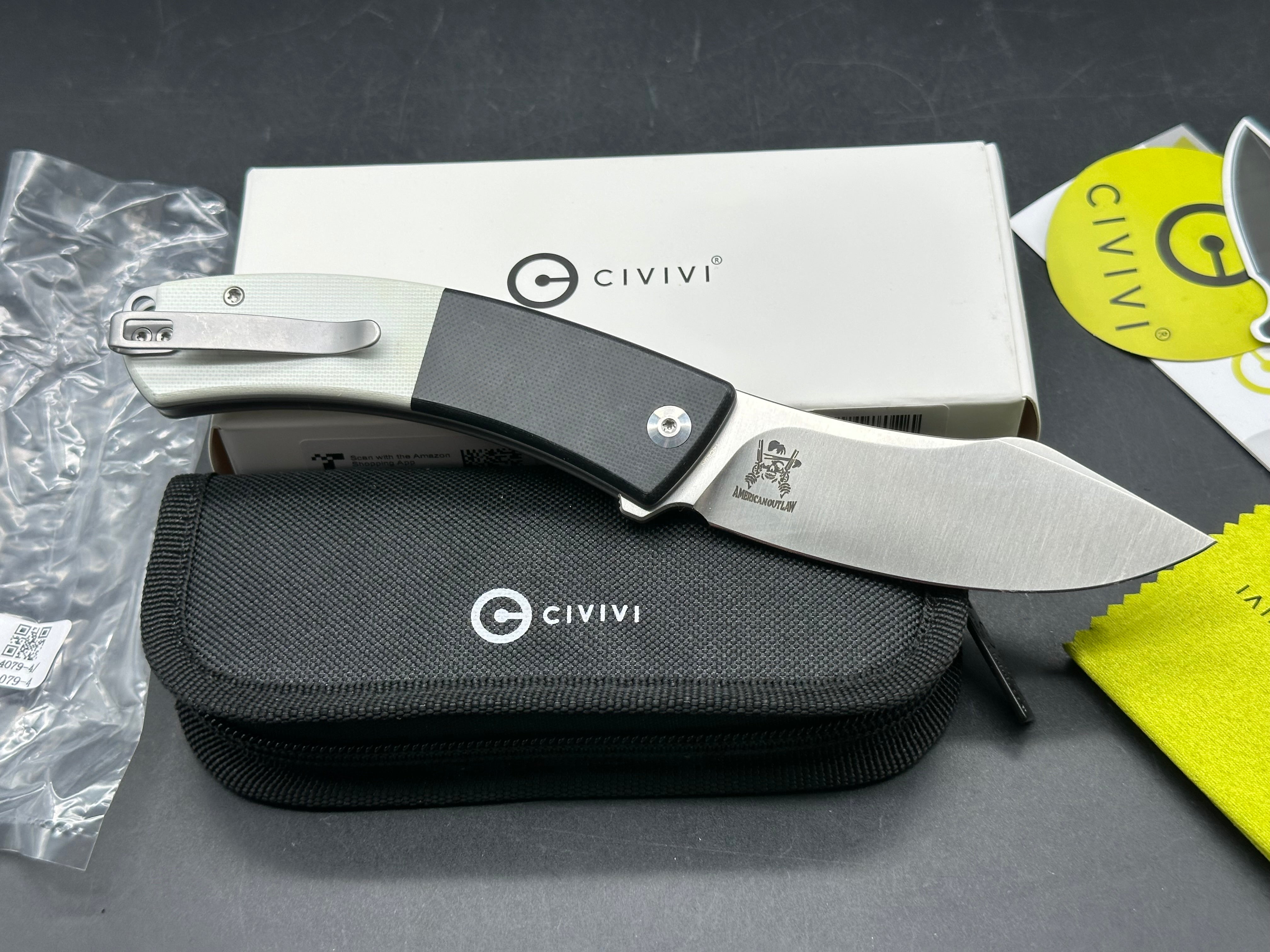 CIVIVI Outlaw Muk Button Lock Knife Black & White G-10 (3.5" Satin 14C28N)