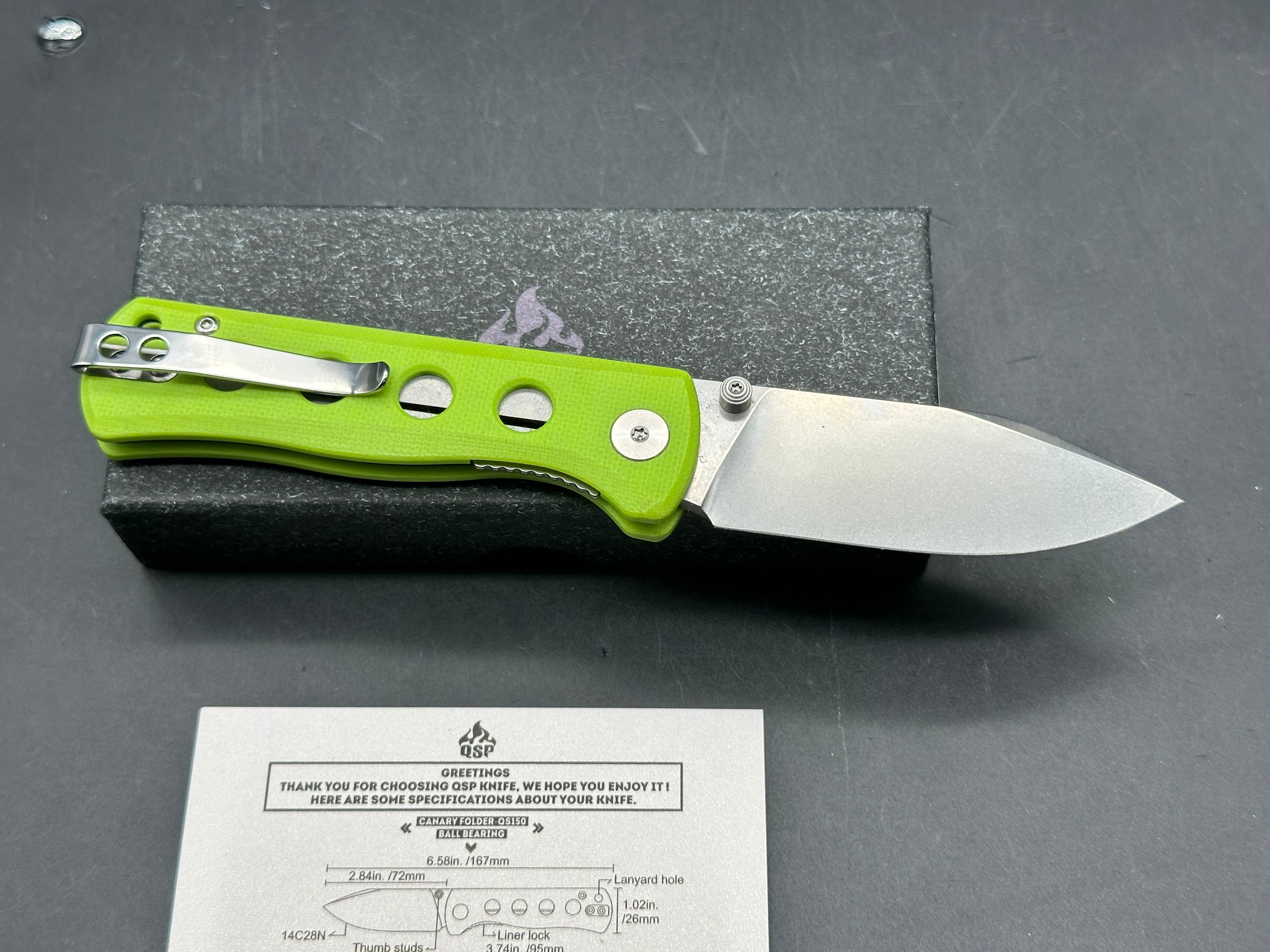 QSP CANARY FOLDING KNIFE NEON G10 HANDLE 14C28N PLAIN BLADE