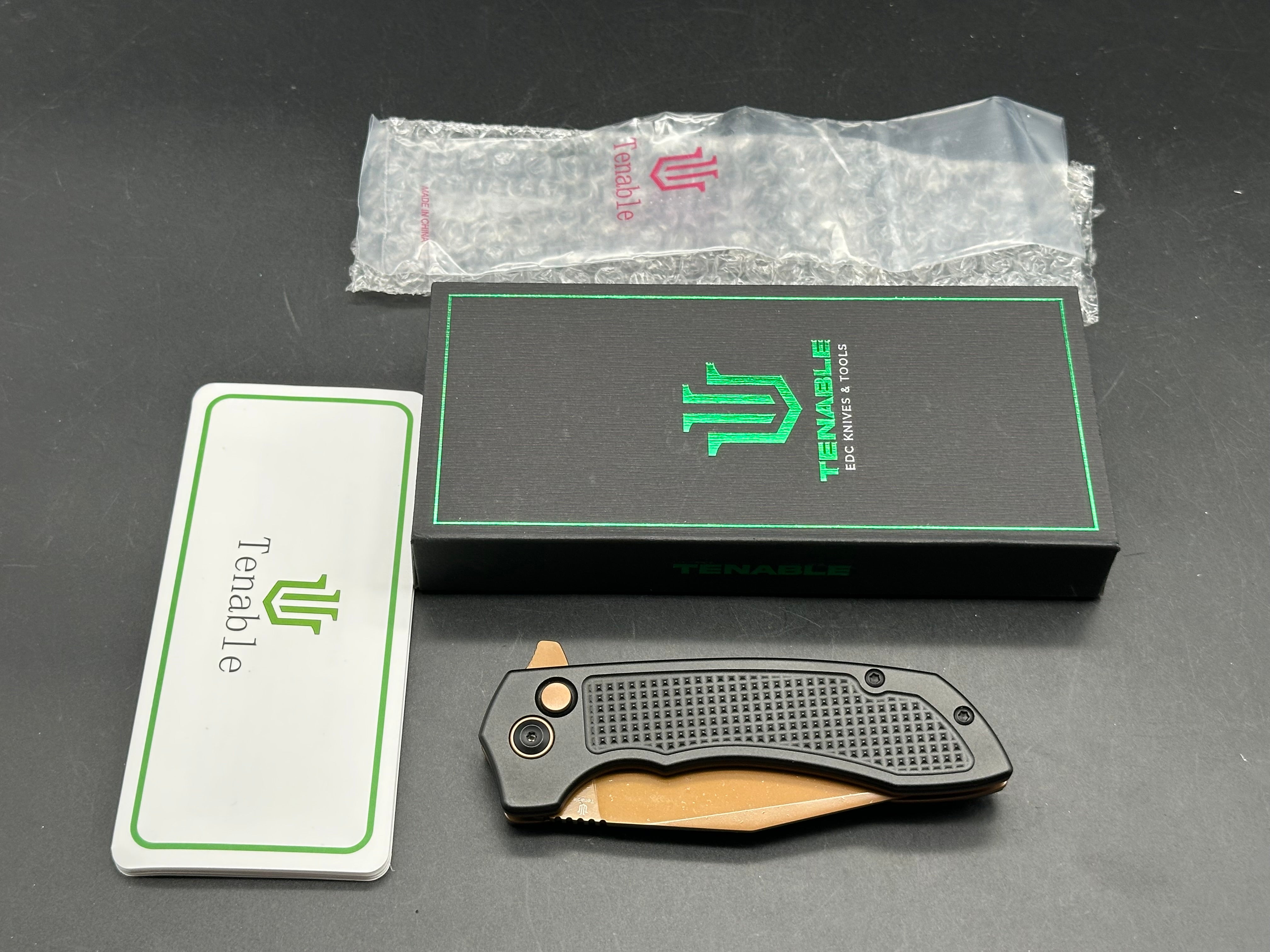 Entity Button Lock Folding Knife - 3.52'' Rose Gold 14C28N Blade| Black Aluminum Handle