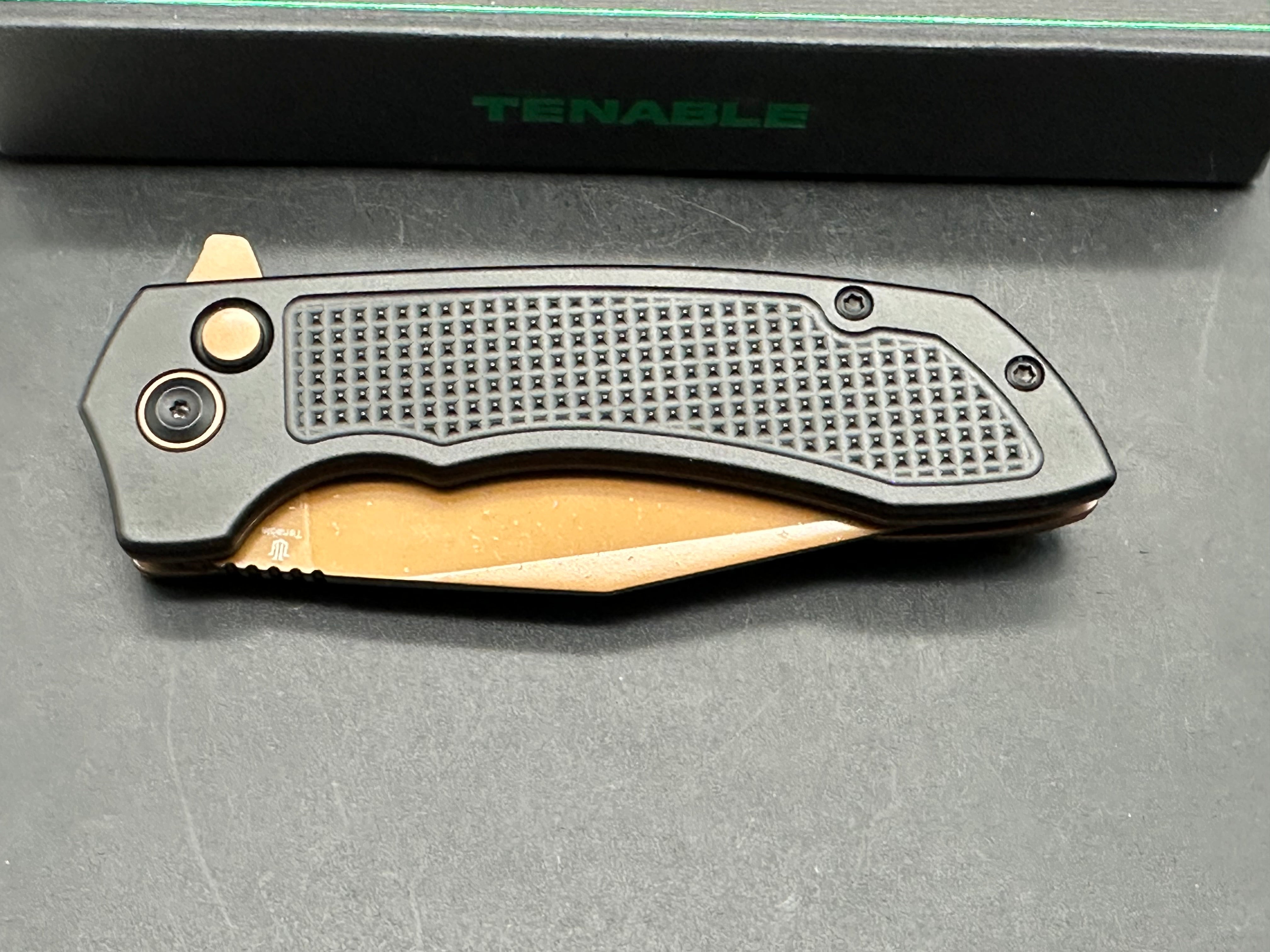 Entity Button Lock Folding Knife - 3.52'' Rose Gold 14C28N Blade| Black Aluminum Handle