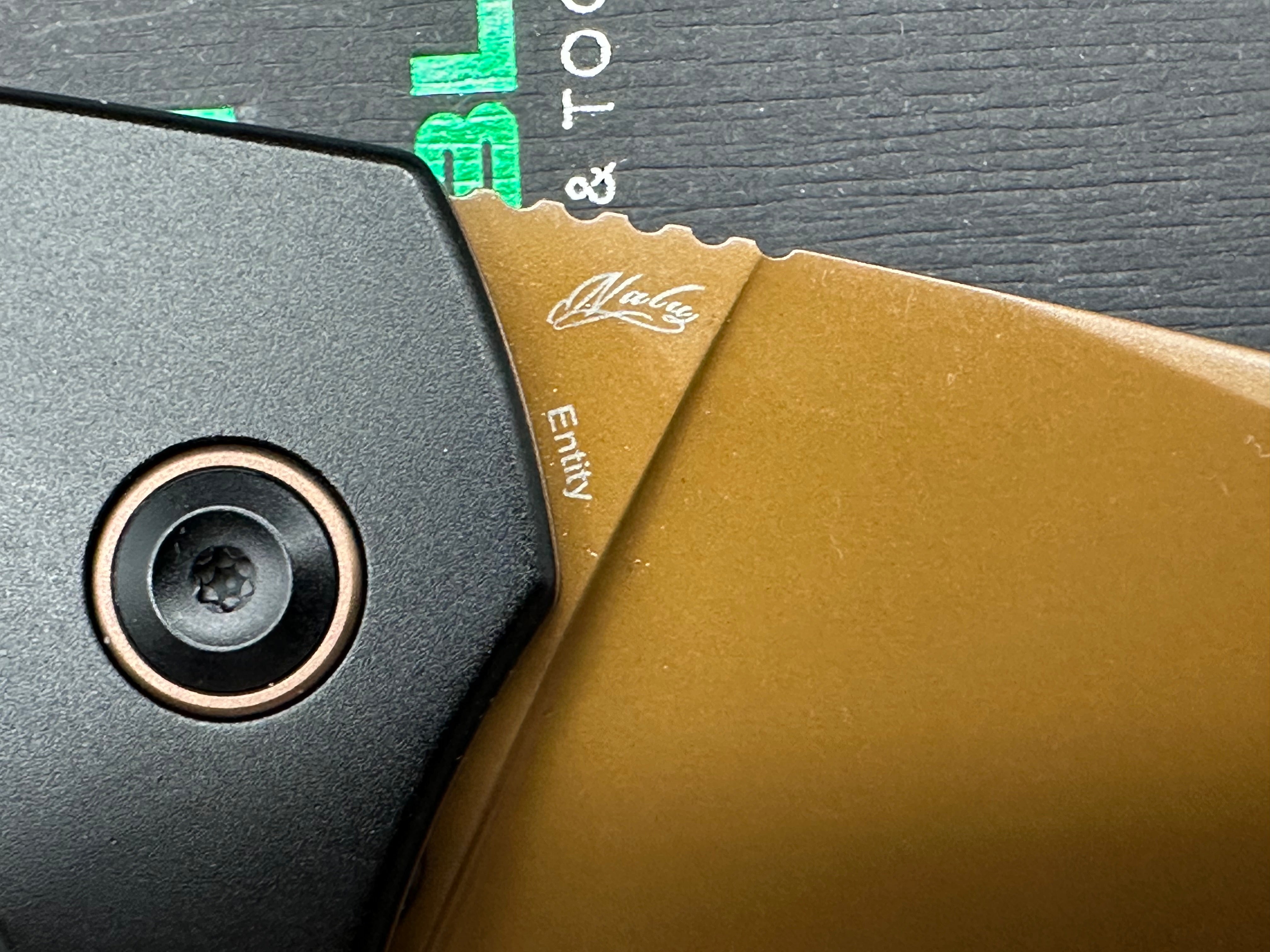 Entity Button Lock Folding Knife - 3.52'' Rose Gold 14C28N Blade| Black Aluminum Handle