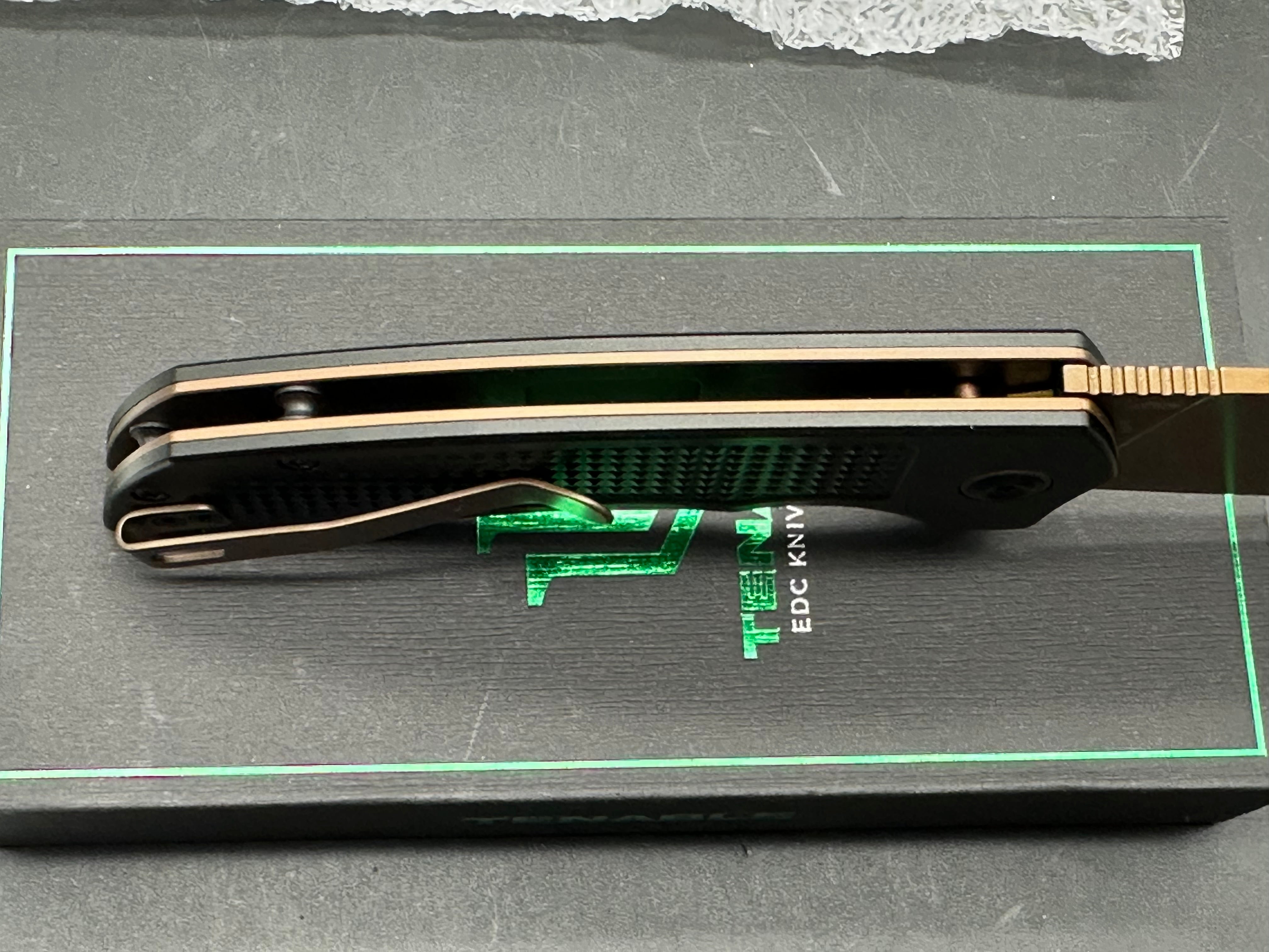 Entity Button Lock Folding Knife - 3.52'' Rose Gold 14C28N Blade| Black Aluminum Handle