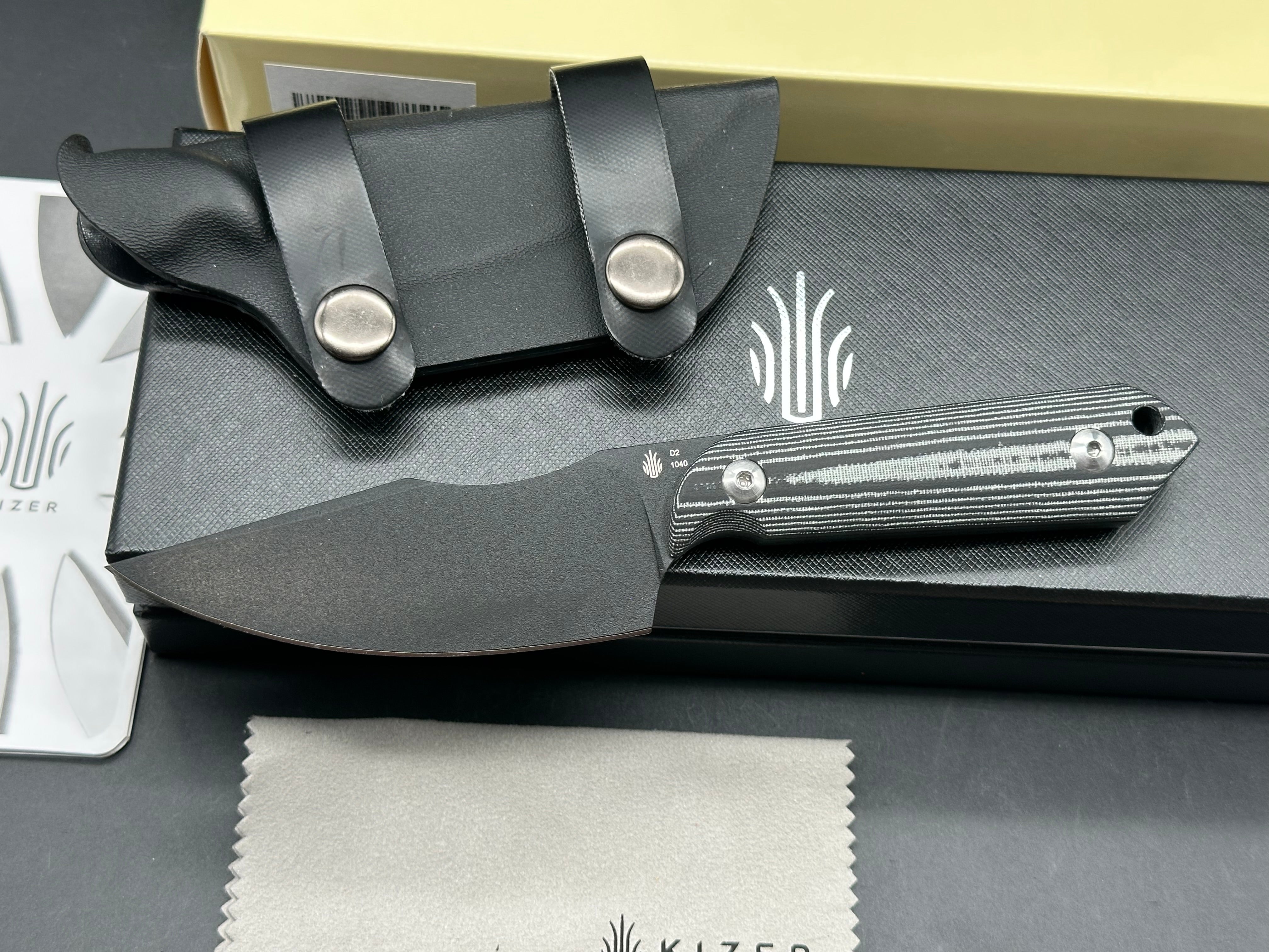 KIZER HARPOON FIXED BLADE KNIFE MICARTA HANDLE PLAIN BLACK D2 BLADE