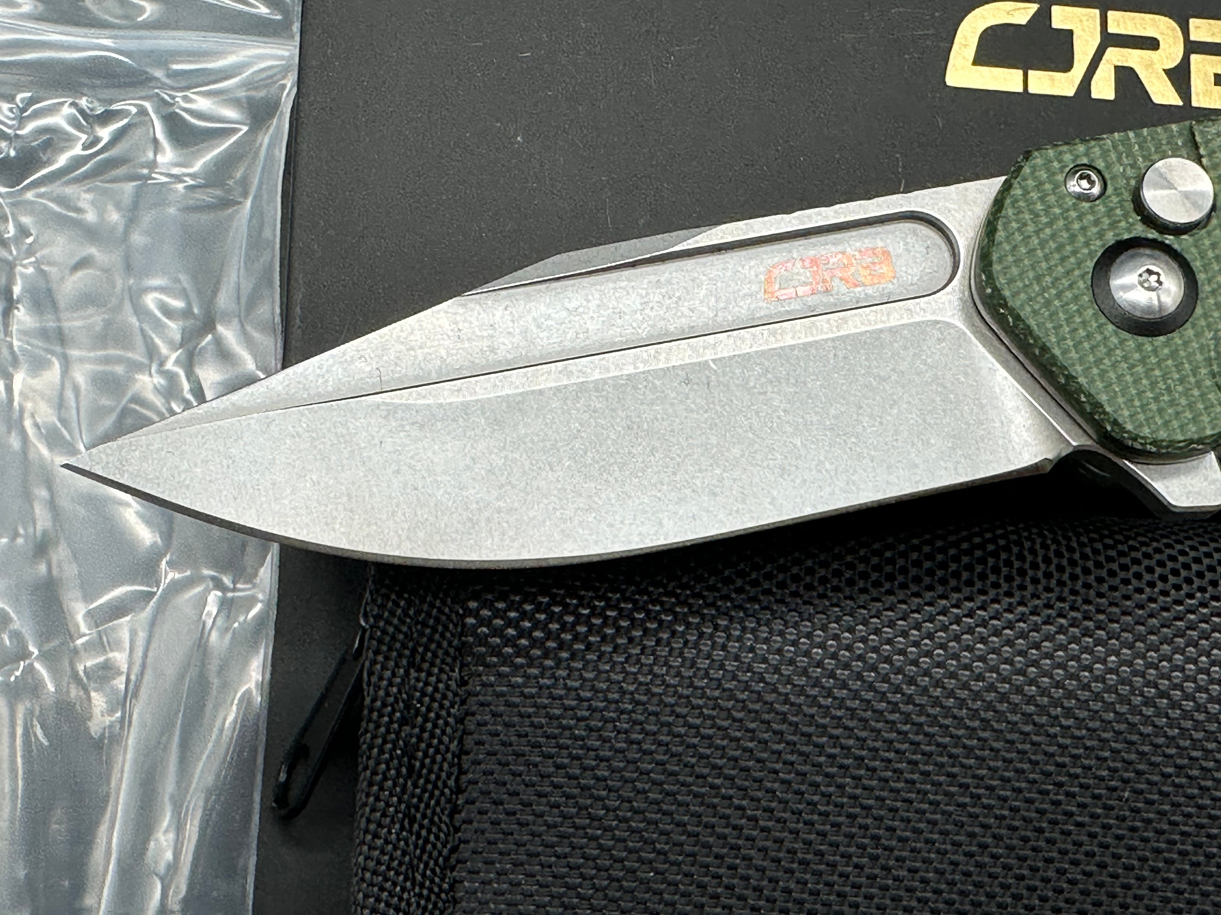 CJRB RIFF BUTTON LOCK FOLDING KNIFE GREEN MICARTA HANDLE AR-RPM9 CLIP POINT BLADE