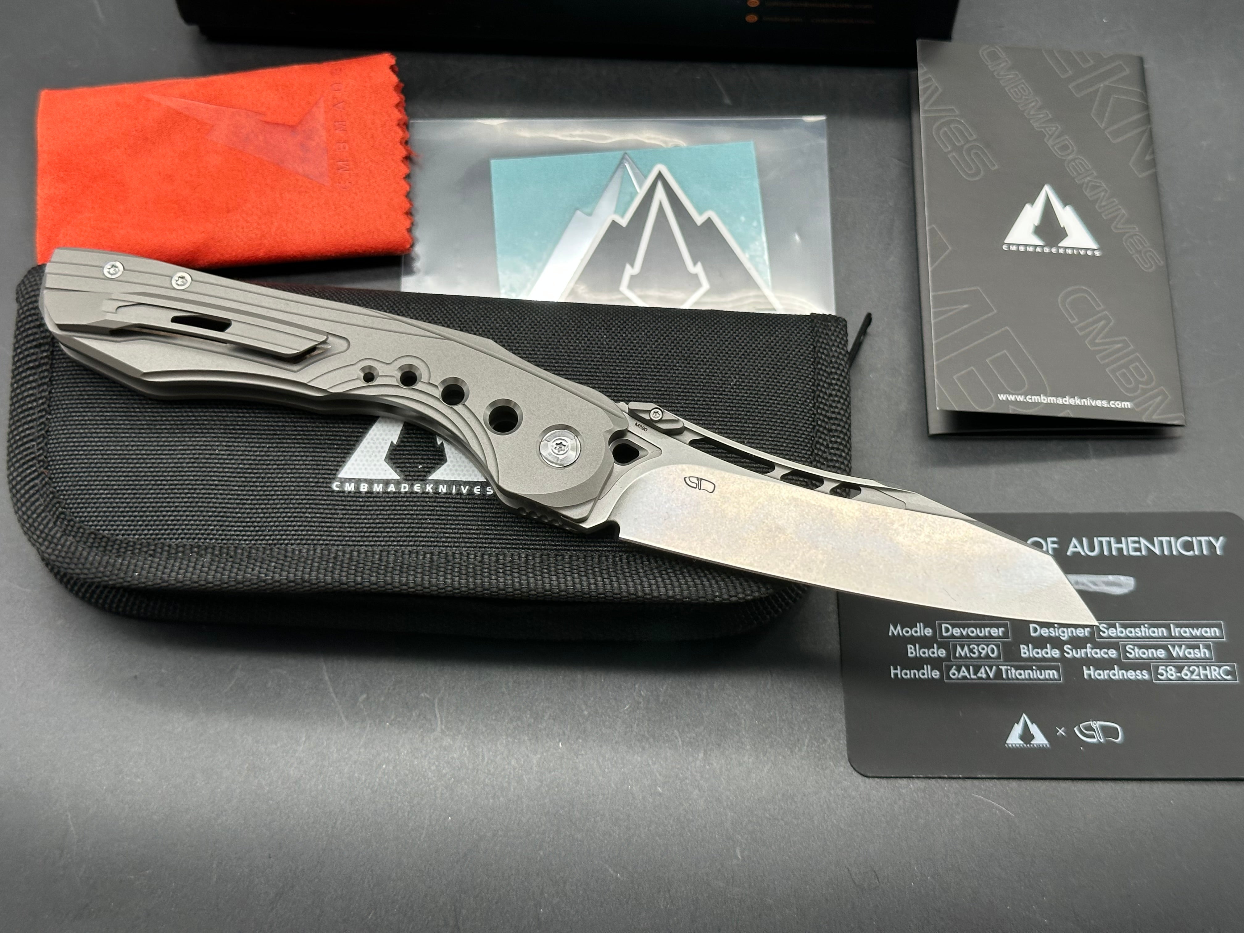 CMB DEVOURER FOLDING KNIFE GRAY TITANIUM HANDLE M390 PLAIN EDGE STONEWASH FINISH