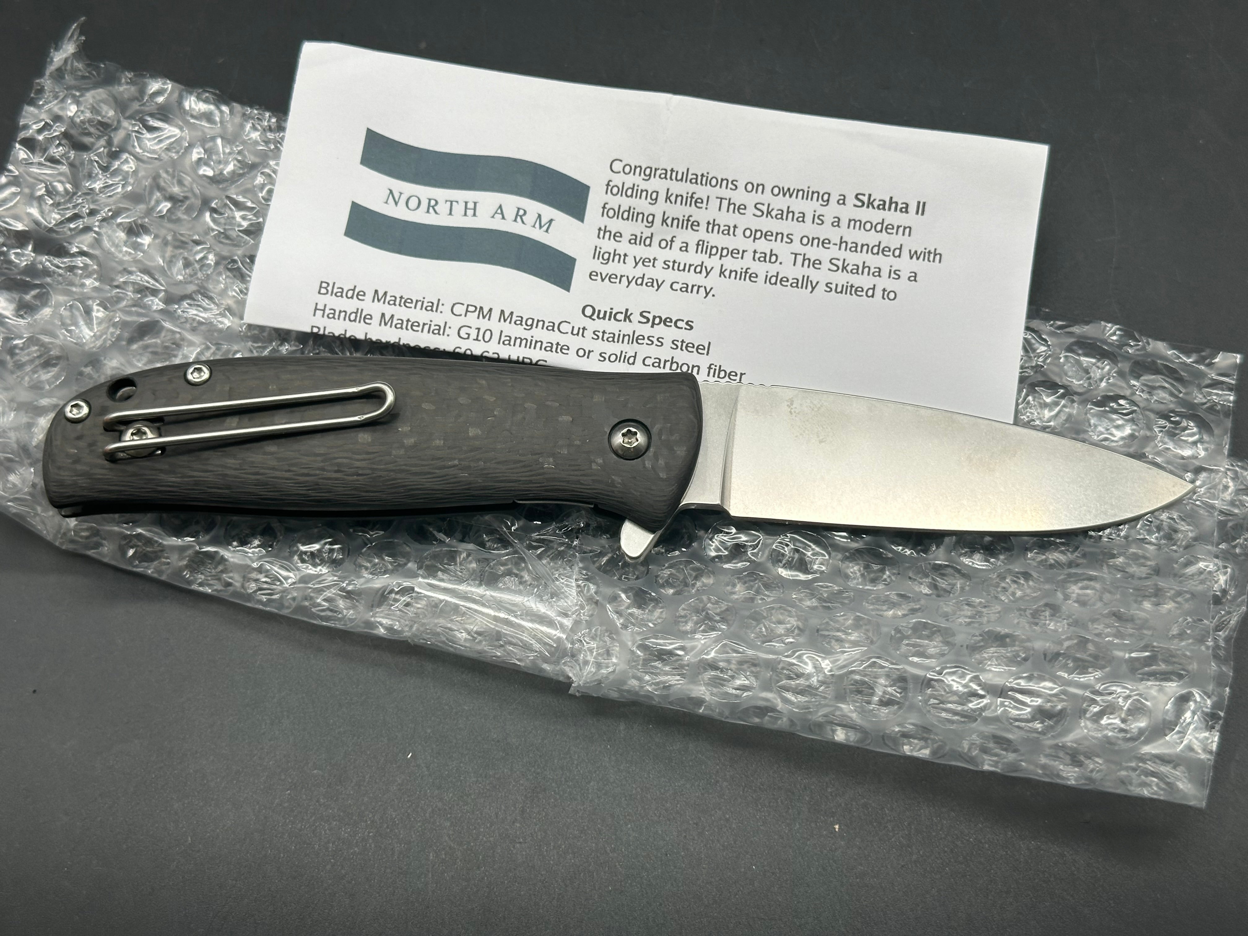 North Arm Skaha II, Polished stonewash blade, Carbon Fiber Handle