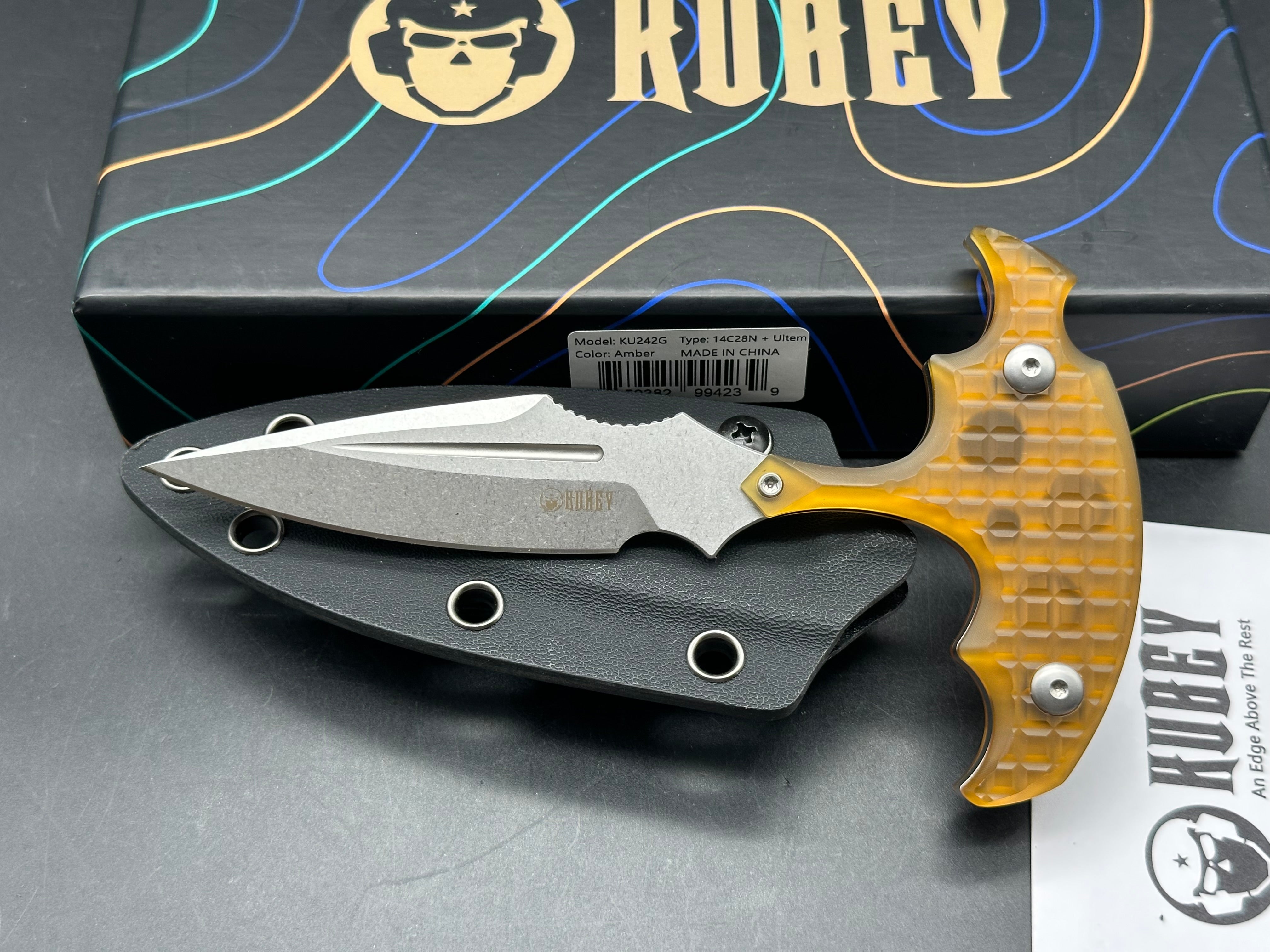 KUBEY MEDUSA FIXED BLADE KNIFE ULTEM HANDLE 14C28N SPEAR POINT PLAIN EDGE