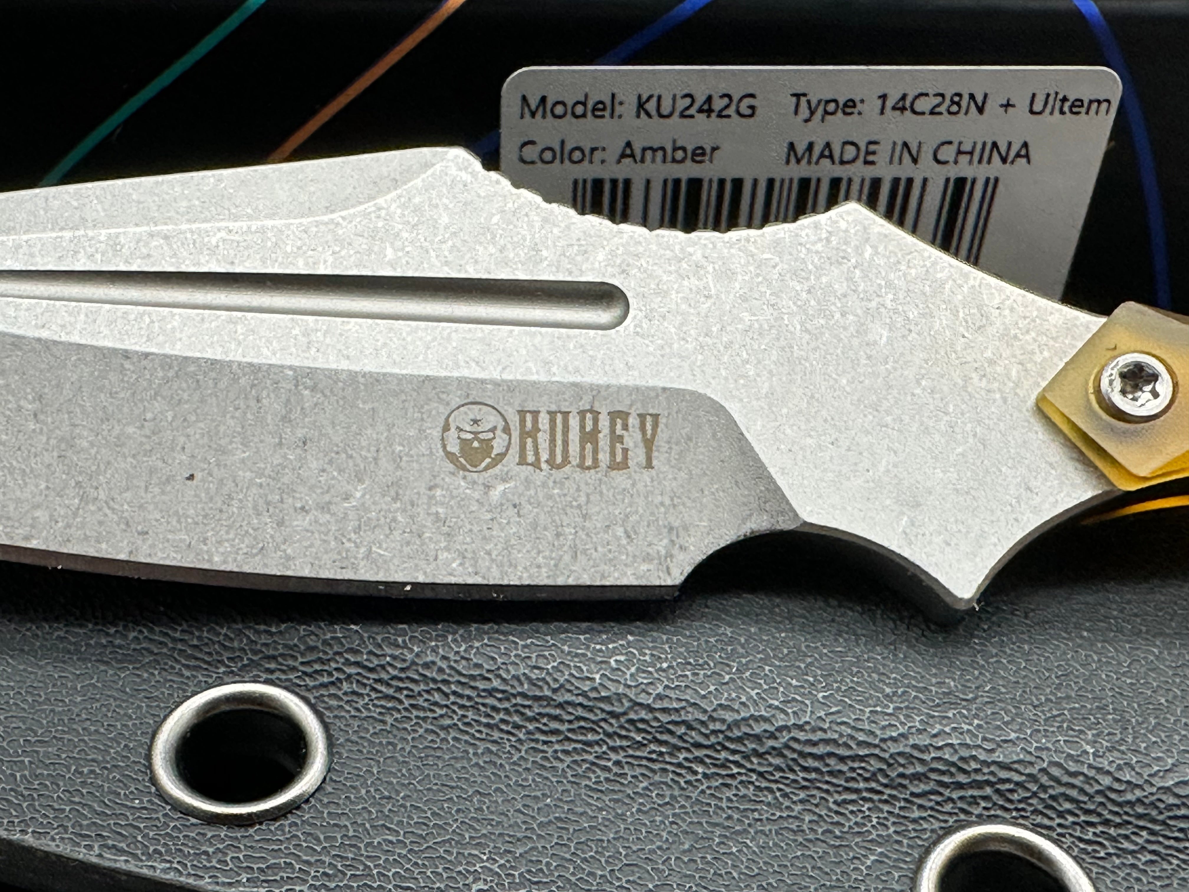 KUBEY MEDUSA FIXED BLADE KNIFE ULTEM HANDLE 14C28N SPEAR POINT PLAIN EDGE