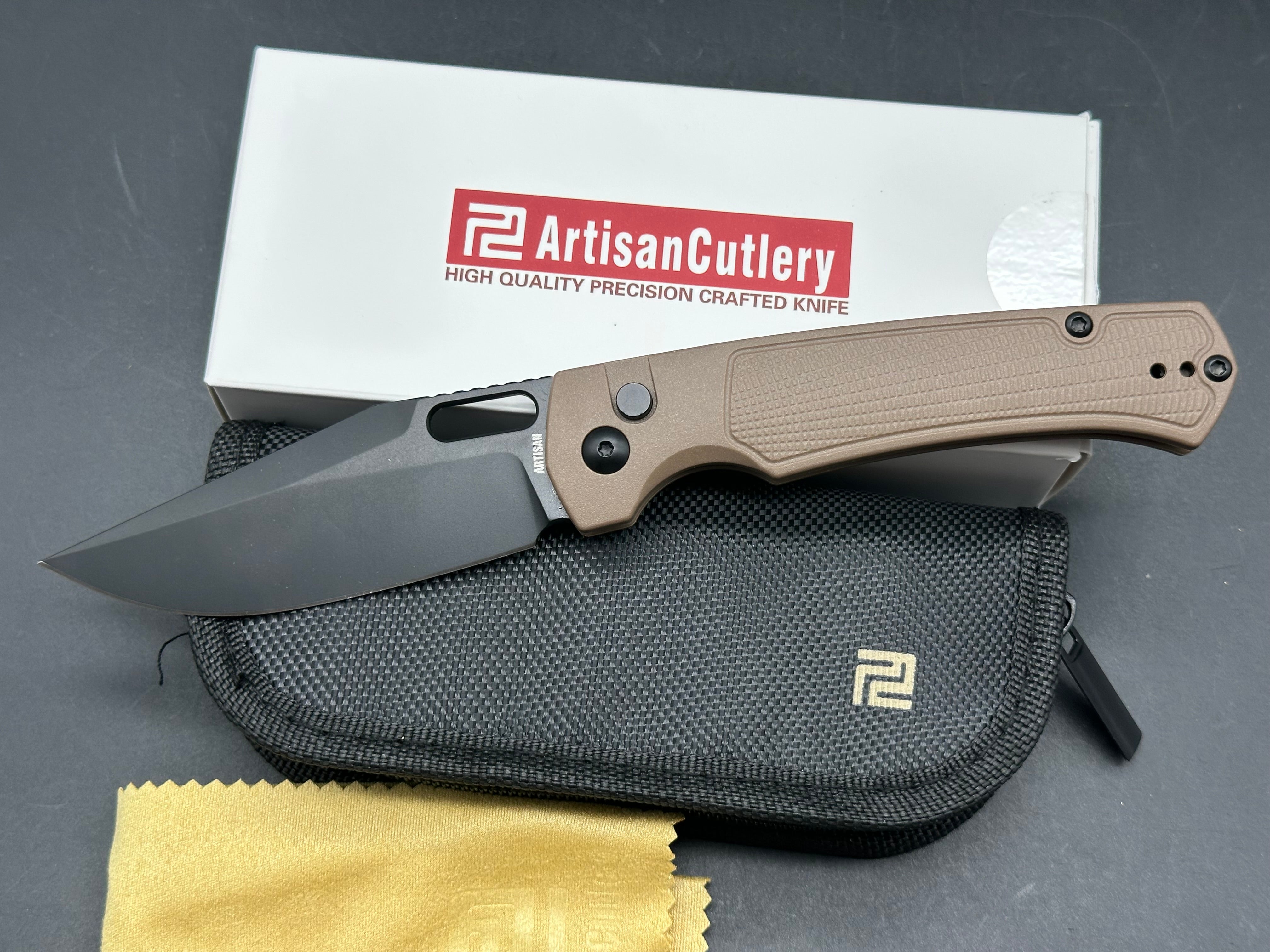 ARTISAN CUTLERY REVEL FOLDING KNIFE BROWN FRN HANDLE AR-RPM9 PLAIN BLACK BLADE